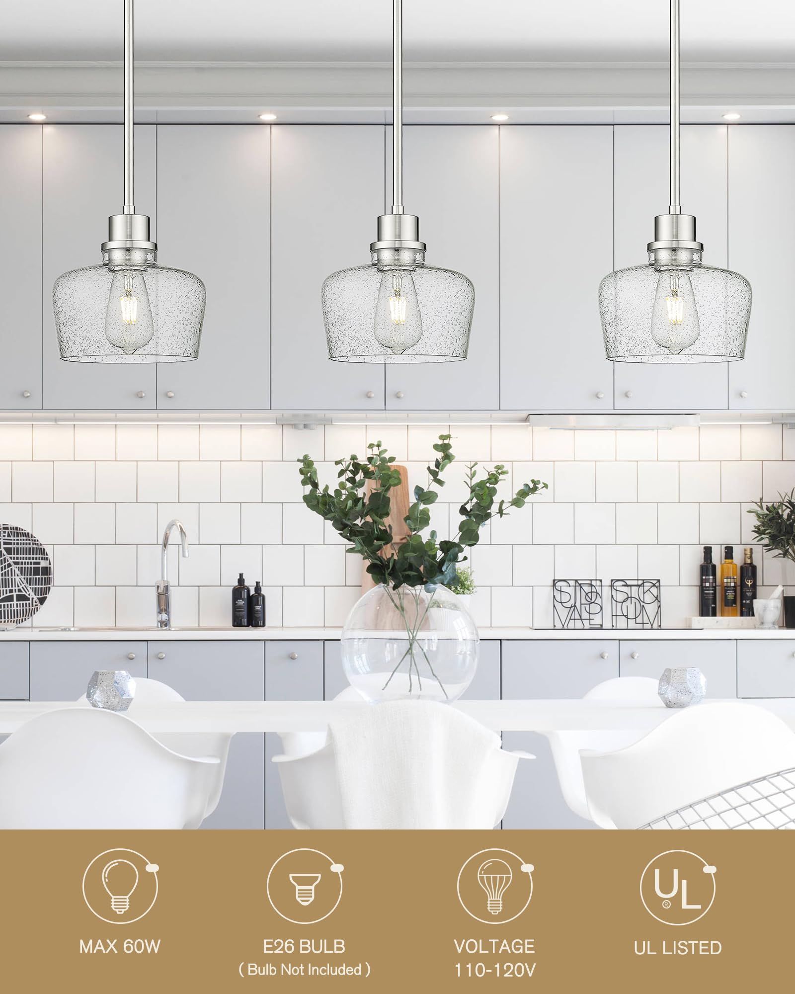 Emak 8 Inch Pendant Lights Kitchen Island, Modern Brushed Nickel Pendant Light Fixtures With Seeded Glass Shade, 1 Light Hanging