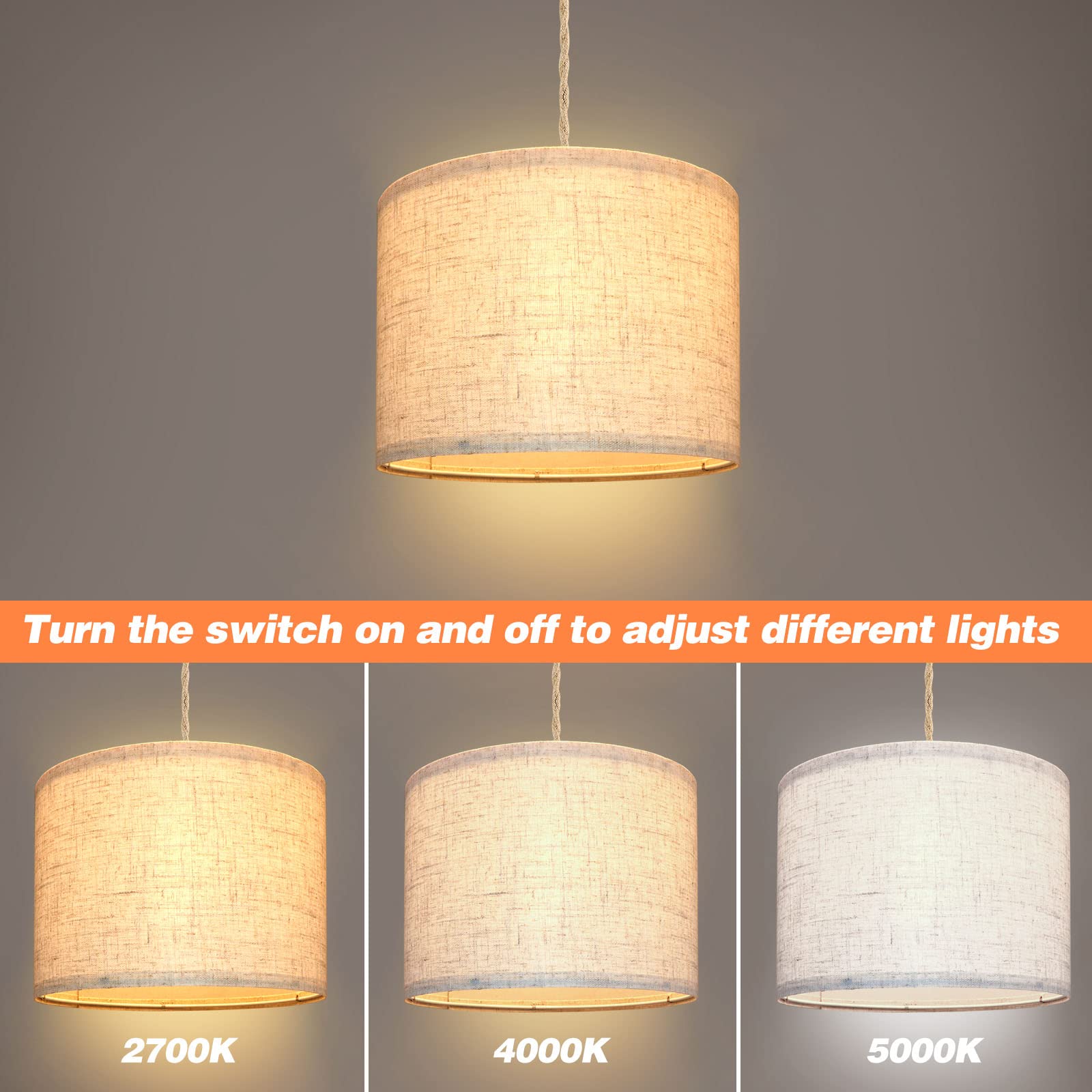 Kuaugst Plug In Pendant Light, Beige Linen Shade, 15Ft Hemp Rope, 2 Pack For Bedroom & Dining