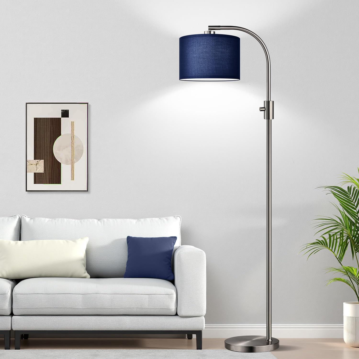 Nintiue Dimmable Brushed Nickel Floor Lamp with LED Bulb, Arc Design, Blue Shade, Model F1599