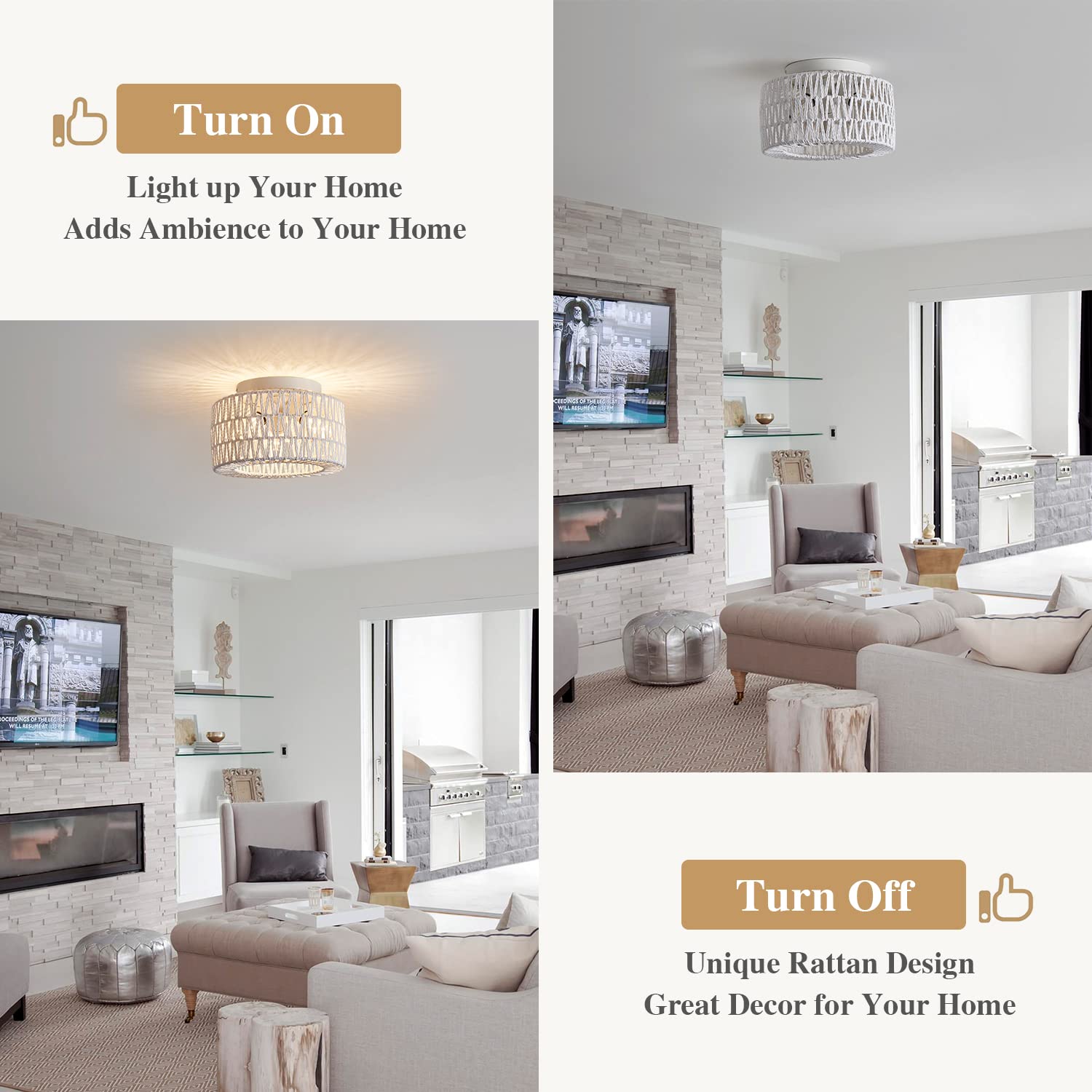 Rattan Light Fixtures Ceiling Mount, 3-Lights Boho Flush Mount Ceiling Light, Hand-Woven Cage Shade Lamp Lighting, Rustic Rattan