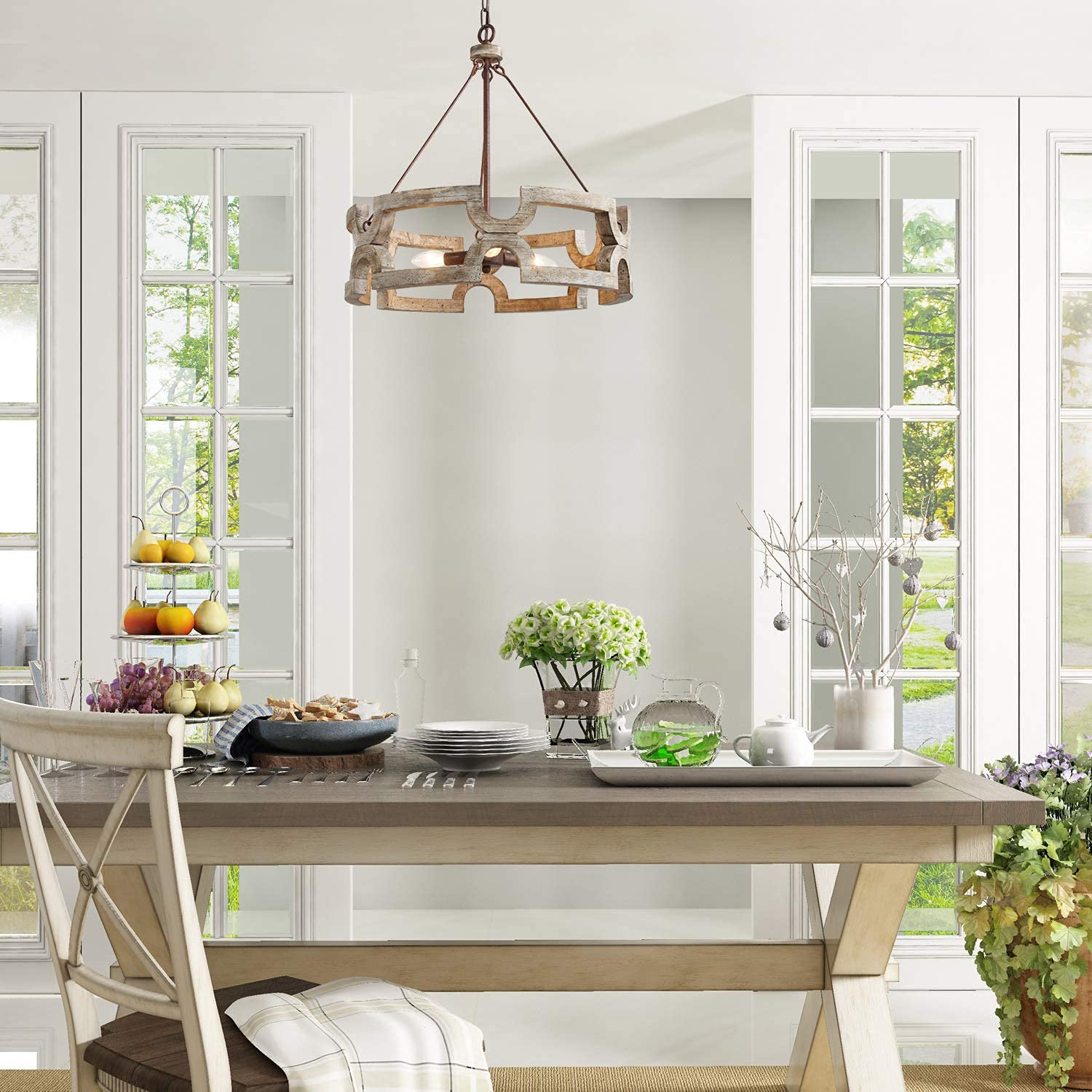 KSANA Farmhouse Chandelier, Wood Drum, Hand-discomfort-reducingted White Finish, W19.5” x H21”, Antique Dark