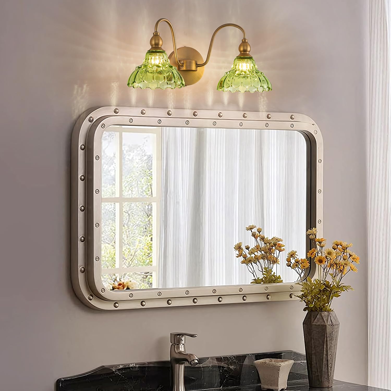 TLOLGT Vintage 2-Light Bathroom Vanity Light, Green Glass Wall Sconces, Model LS178-2, Perfect for Bathroom & Hallway Lighting