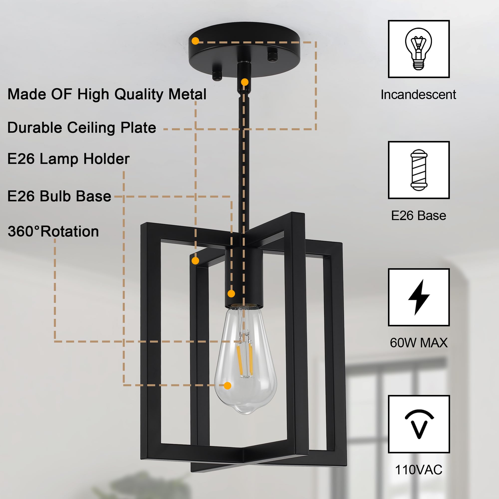 Bosomfr 1-Light Black Ceiling Light Fixture Semi Flush Mount, Rustic Vintage Retro Ceiling Light Metal Industrial Farmhouse Chan