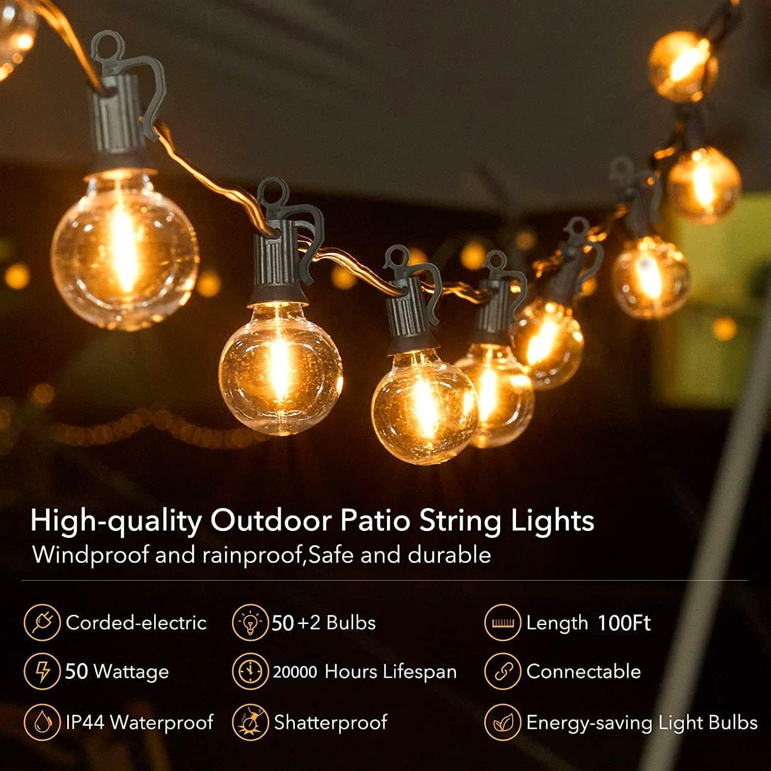 Brightown 100FT Outdoor String Lights - 50 LED G40 Globe Bulbs, Weatherproof, Black, Model GYPC-O50LAU