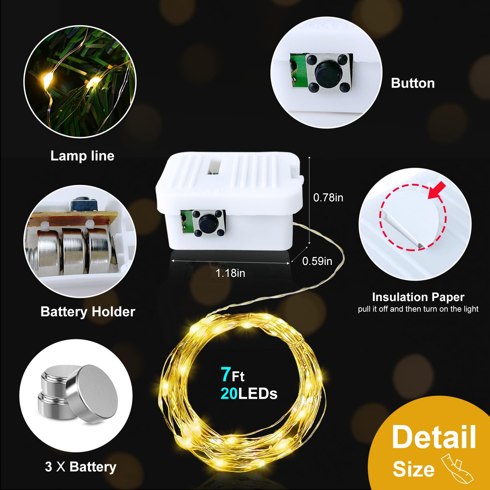 pozzolanas LED Fairy Lights, 24 Pack, 7ft, Battery Operated, 20 LEDs, White-Warm White, Model D3-23DC