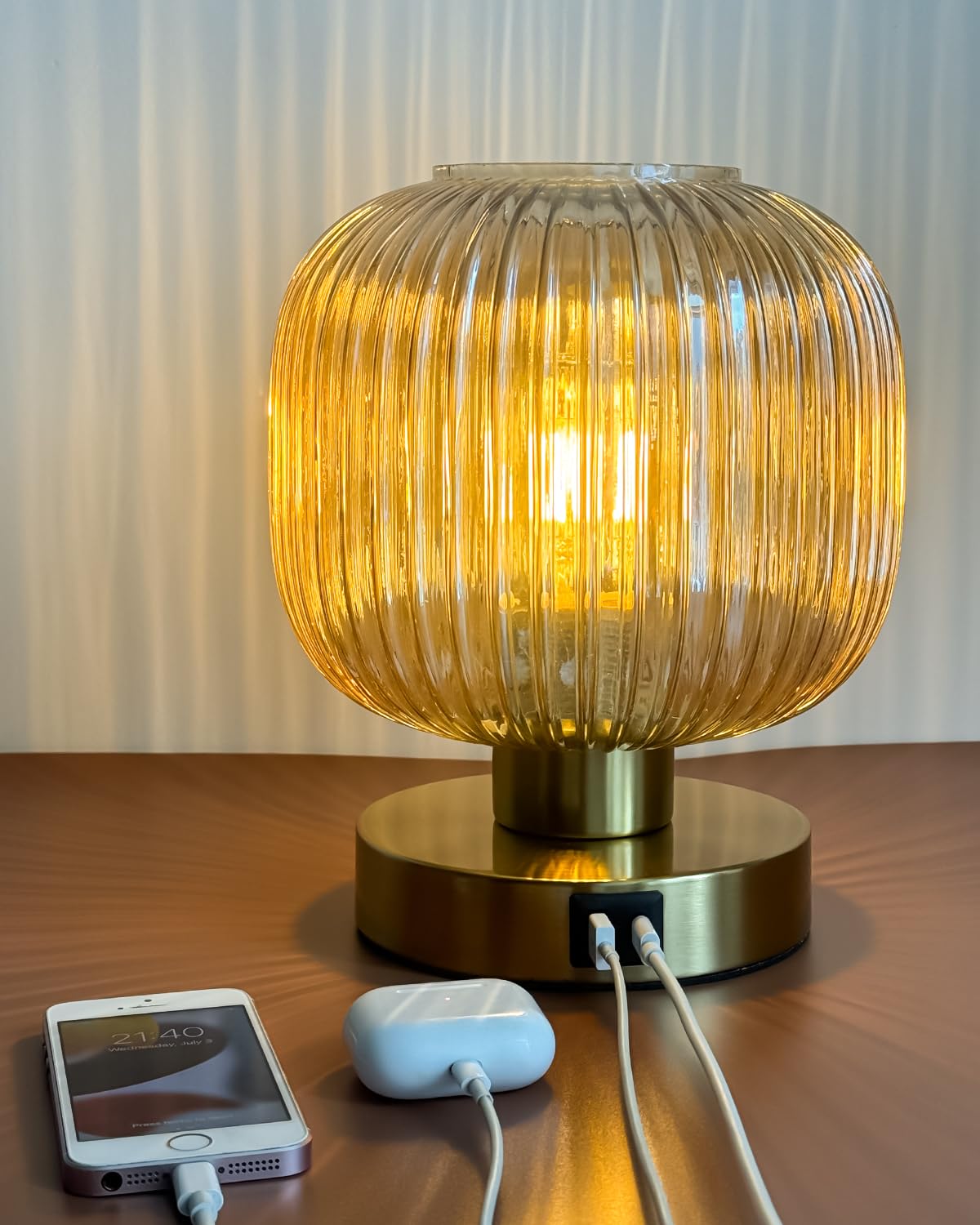 Elenhome Big Touch Table Lamp,Elegant Gold Glass Bedside Lamp 3 Way Dimmable With Usb C+A Charging Ports - Bedroom Nightstand & Living Room Essential, 4W Bulb Included (Gold)