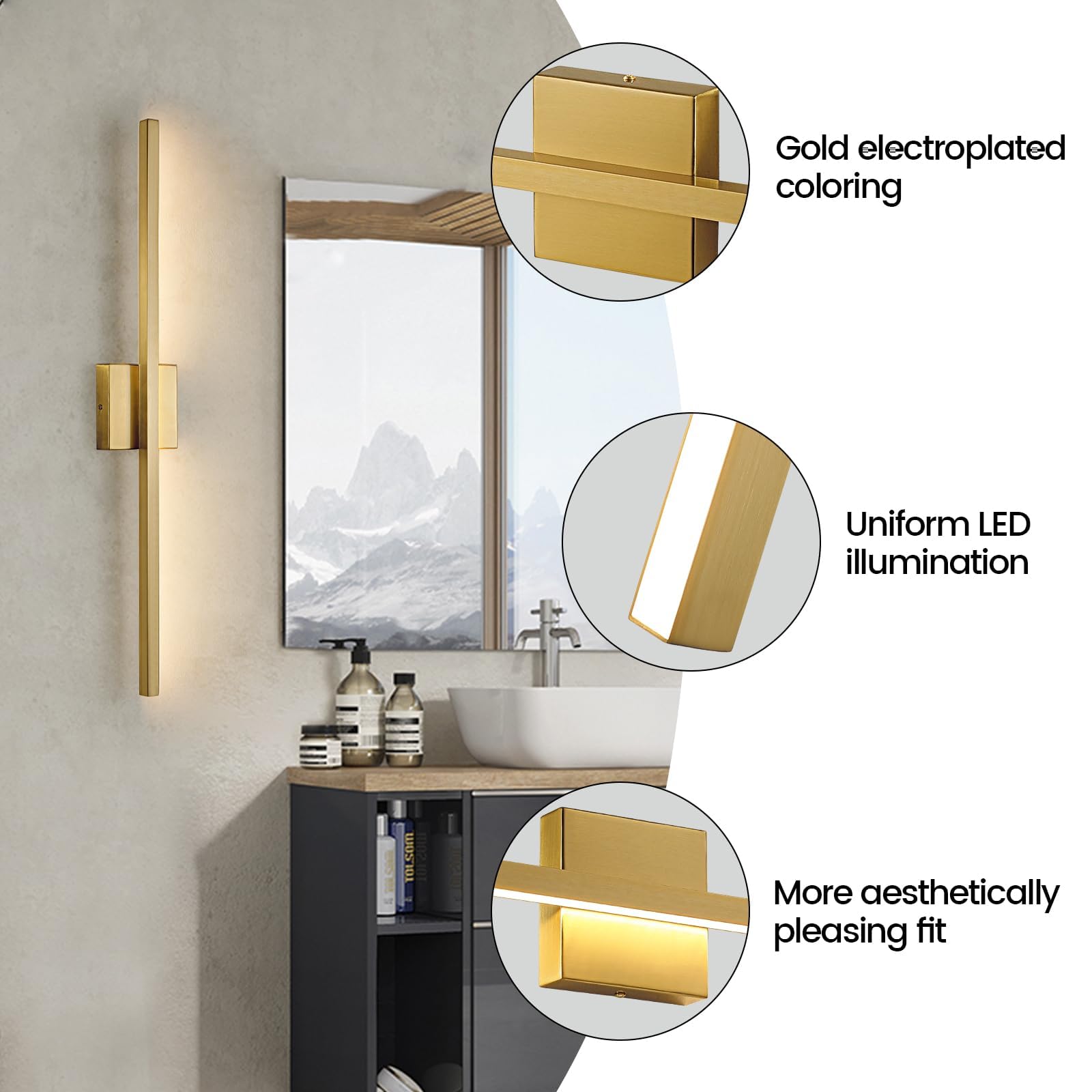 Epinl Gold Bathroom Vanity Lights - 31.5" Brushed Gold LED Wall Sconce, Dimmable, Model 8081WL-5CCT, Metal Fixture for Bathroom/Bedroom