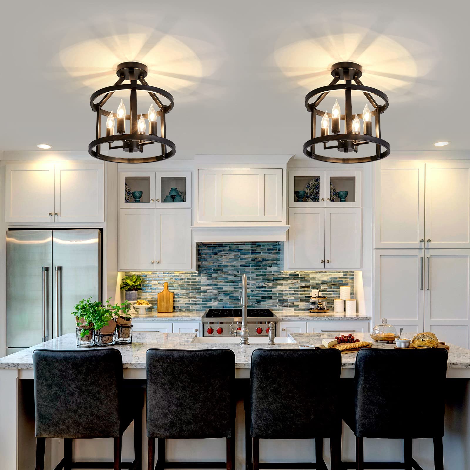 Uofus 2-Pack Black Metal Semi Flush Mount Ceiling Light Fixture For Entryway, Foyer, Dining Room