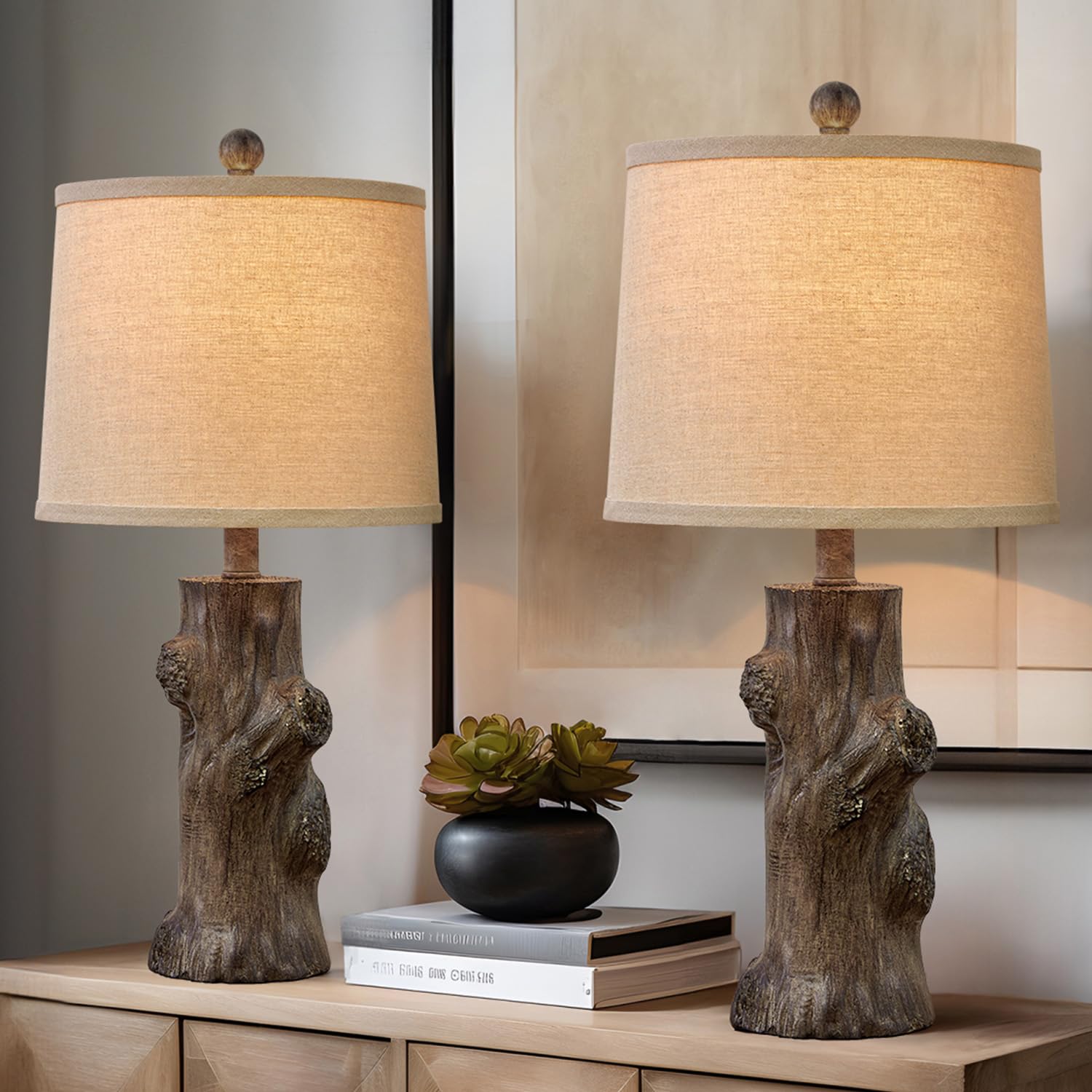 OYEARS 23''Resin Table Lamps for Living Room Set of 2 Country Cottage Farmhouse Lamp for Bedroom Tree Trunk Wood Grain with Oatm