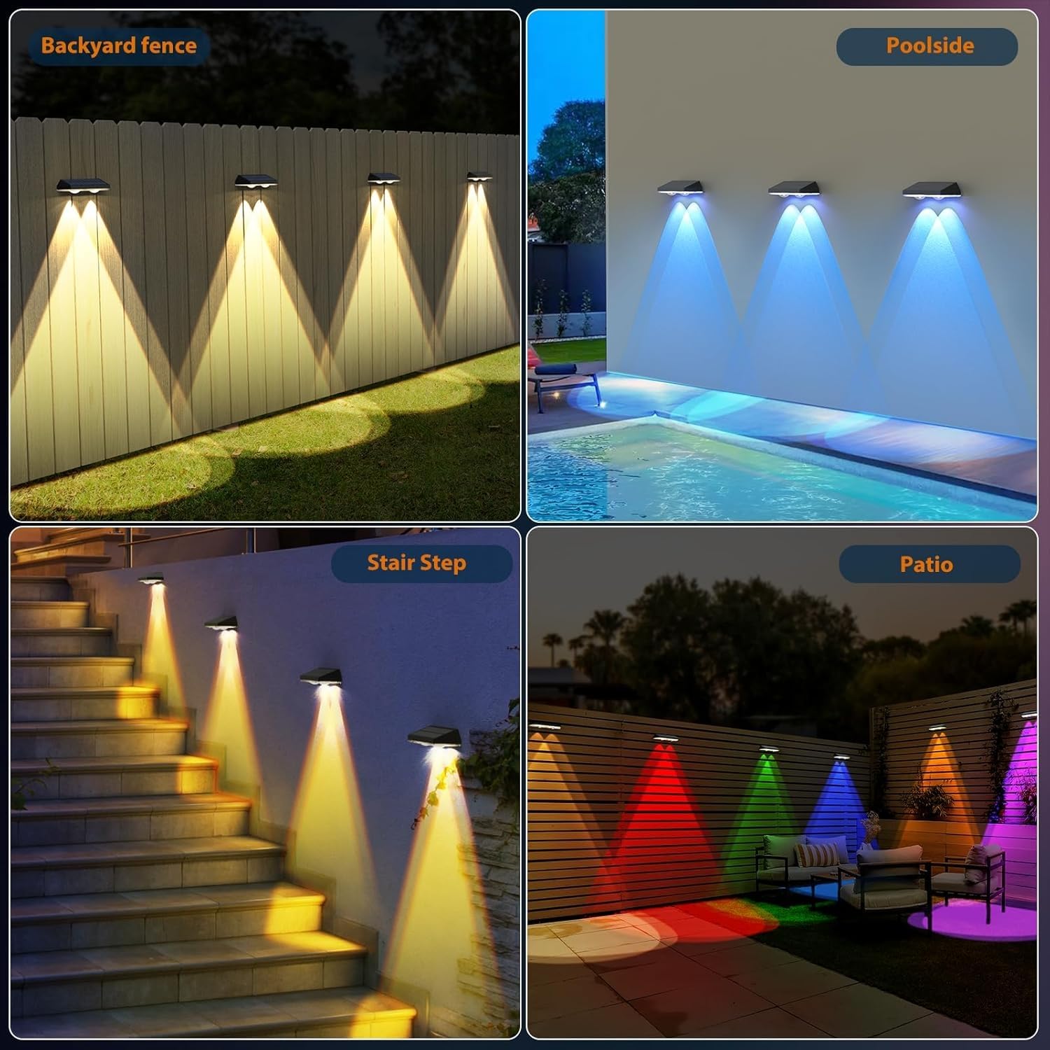 UGDLUCK Solar Fence Lights, 8Pack, RGB & Warm White, Waterproof LED Dusk to Dawn Deck Light for Outdoor Use, Model CD001