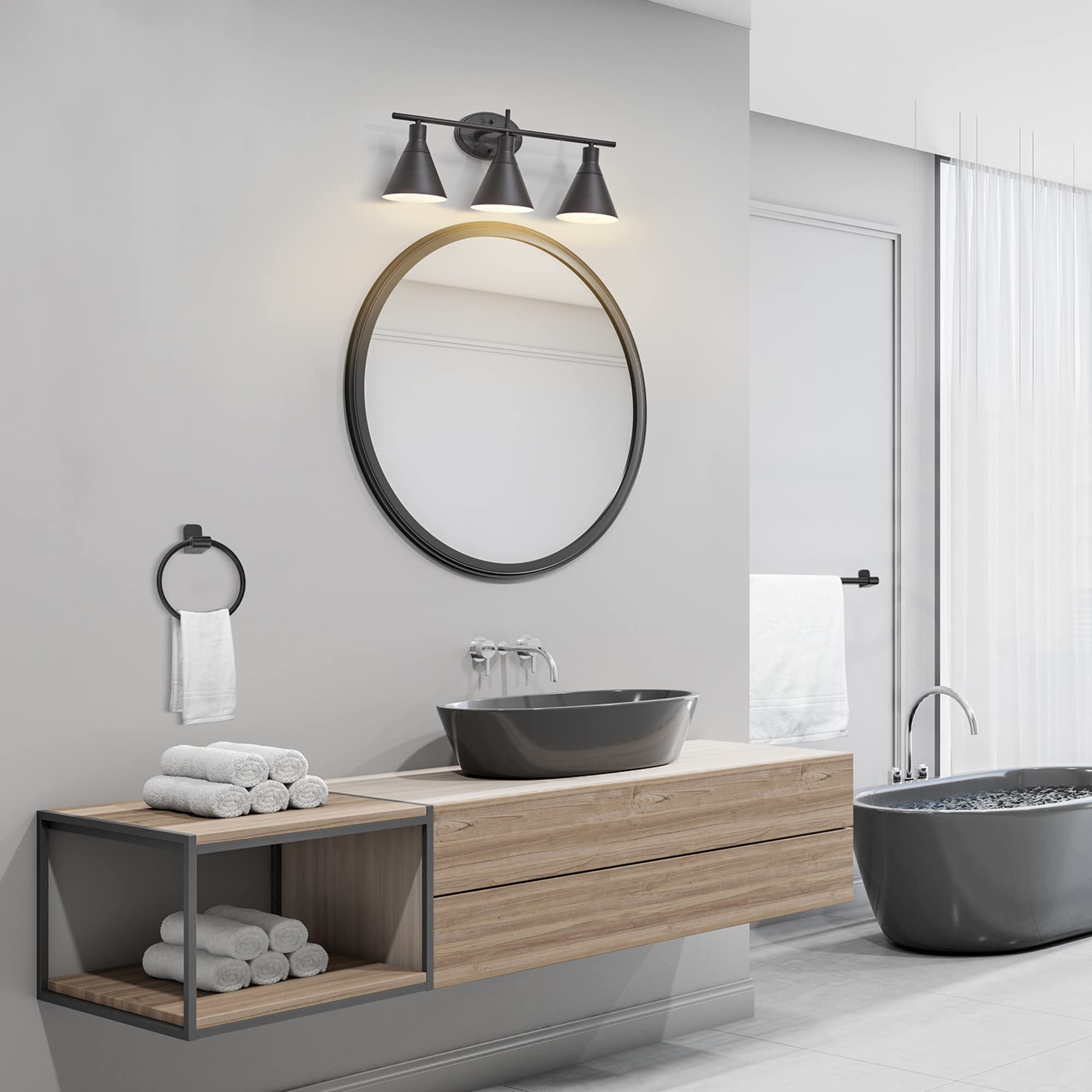 Globe Electric 52060 Tristan 5-Piece All-In-One Bathroom Set, Matte Black, 3-Light Vanity Light, Towel Bar, Toilet Paper Holder,