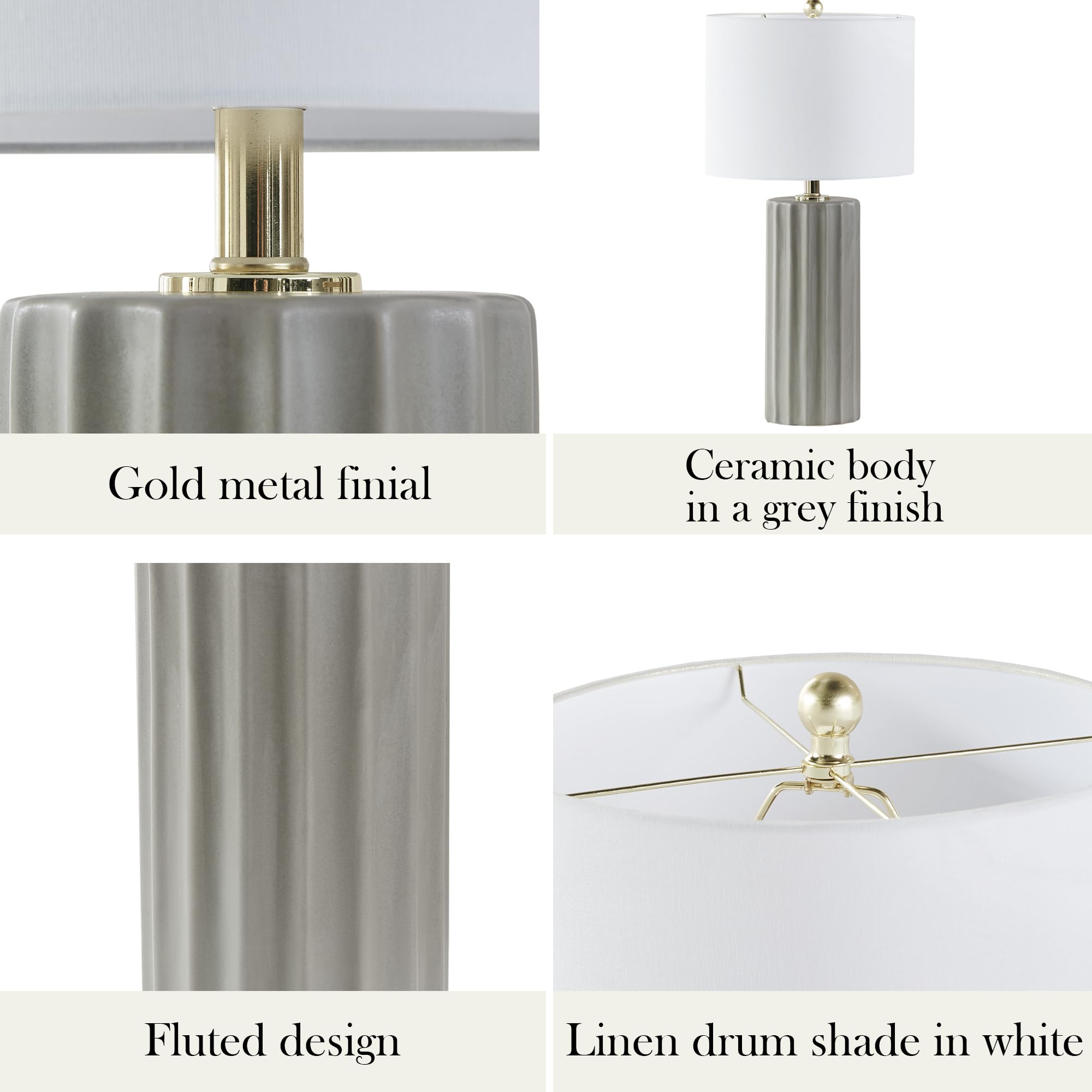 Ink+Ivy Ceramic Fluted Table Lamp - 27 Grey Nightstand Lamp With Linen Shade, Rotary Switch, Accent Decor