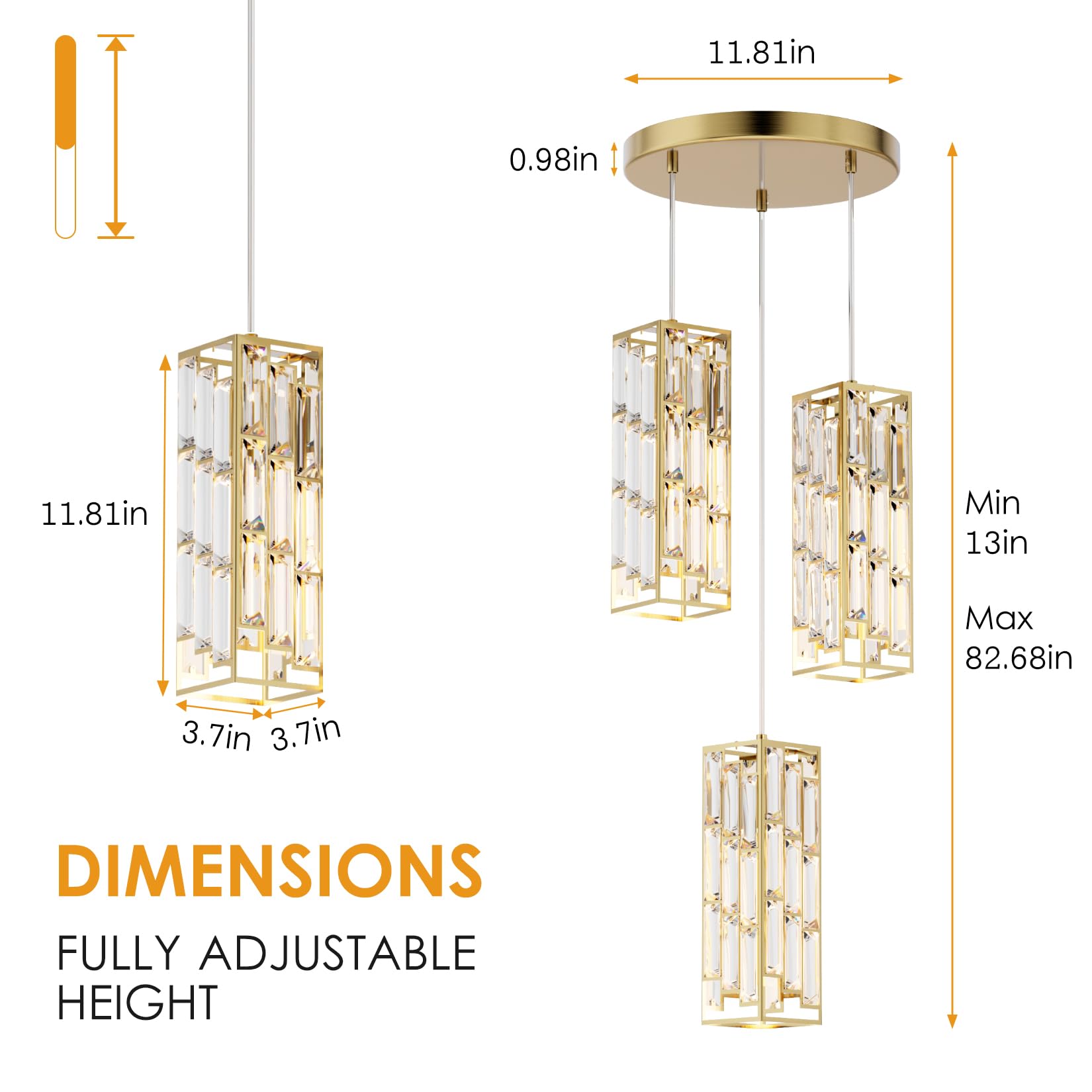 Aoceley 3-Light Brass Pendant Lights Modern Pendant Light Fixture, Mini Crystal Pendant Ceiling Light, Pendant Light For Kitchen