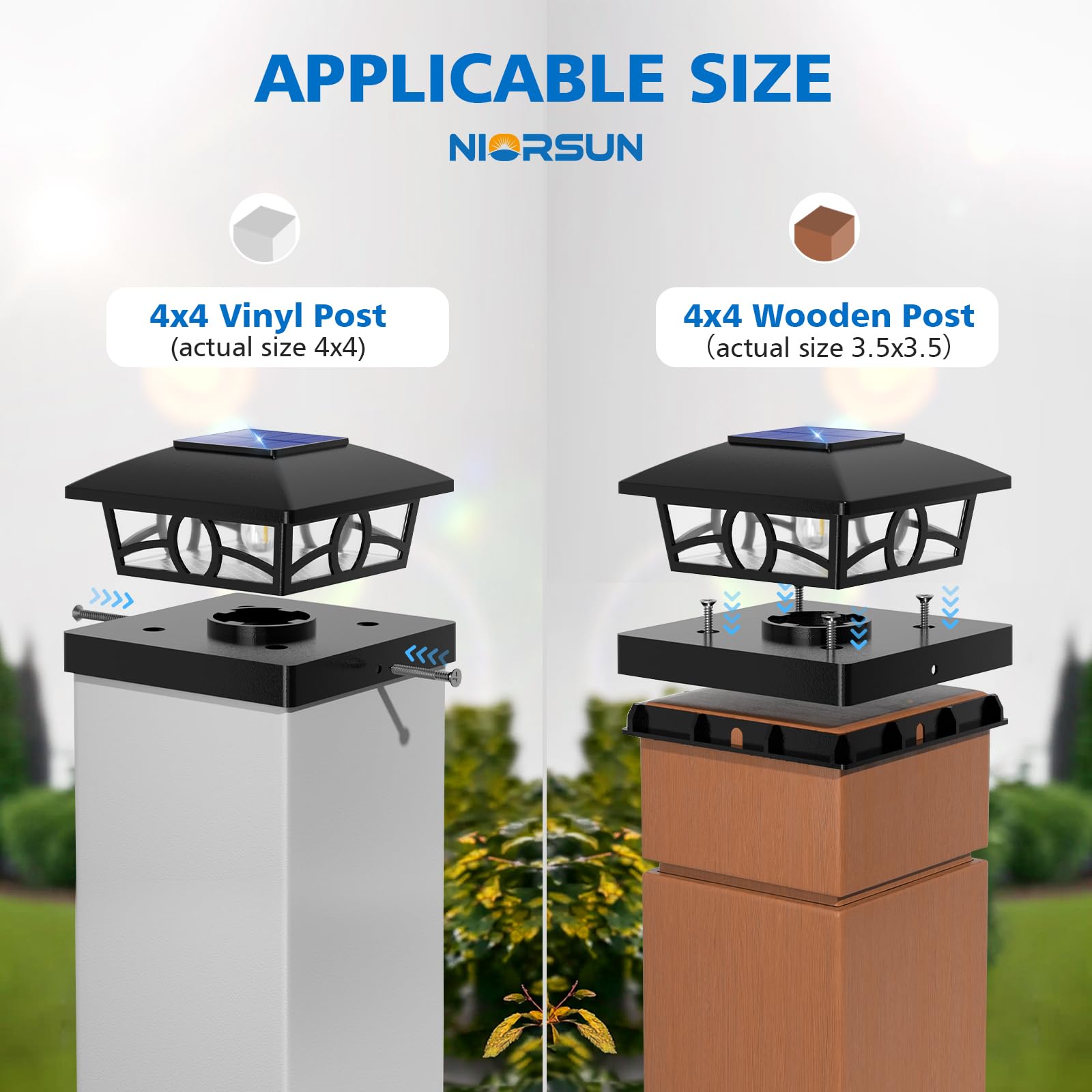 NIORSUN Solar Post Lights, Waterproof Edison LED Bulbs, 4x4 Post Cap, 8 Pack, Black, for Outdoor Garden and Patio Decor