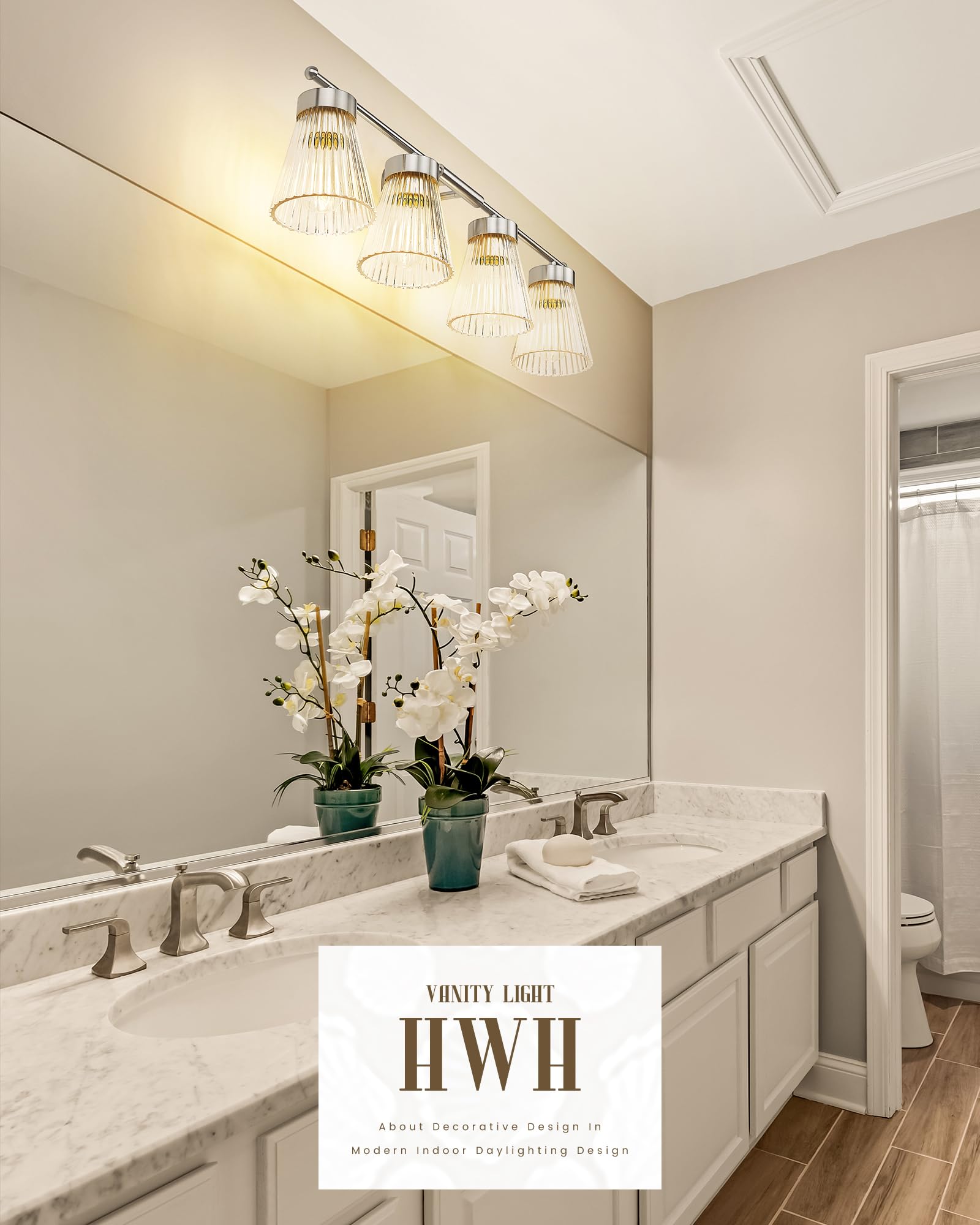 4-Light Bathroom Vanity Light Fixtures  Hwh Brushed Nickel Bathroom Vanity Lighting Modern Vanity Light Over Mirror With Clear Striped Glass Shade  5Hzg97B-4W Bn