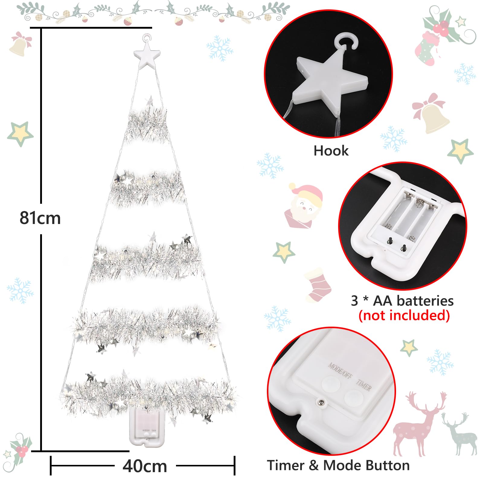 Toodour Christmas Decorations Indoor Lights, 2.65Ft Led Christmas Lights, Cool White Christmas Wall Window Hanging Lights, Battery Operated Holiday Decorative Lights For Outdoor, Garden, Home Decor
