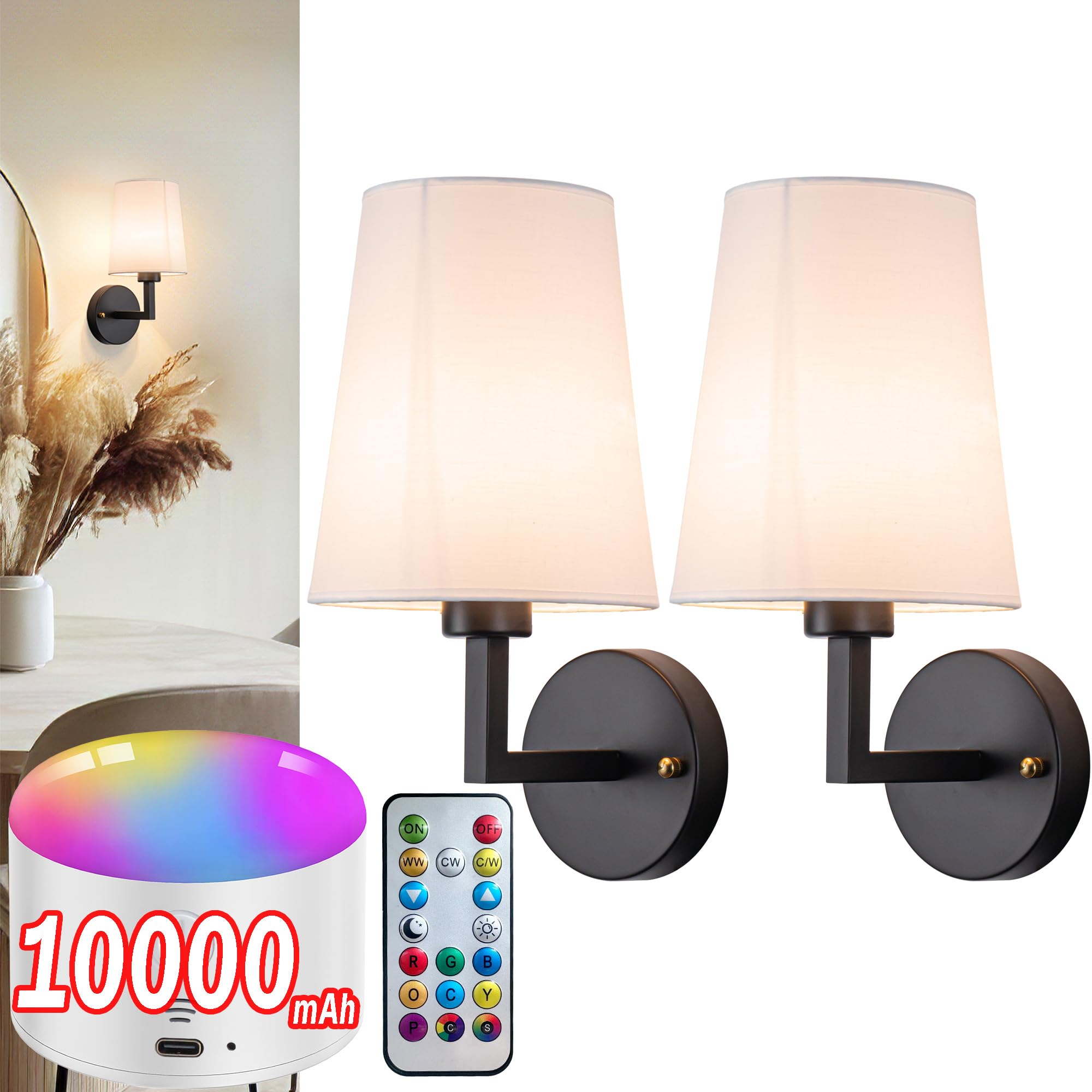 Modern Battery Operated Wall Sconces Set Of Two, Battery Operated Wall Light with Remote Control, Indoor Wireless Wall sconce Di