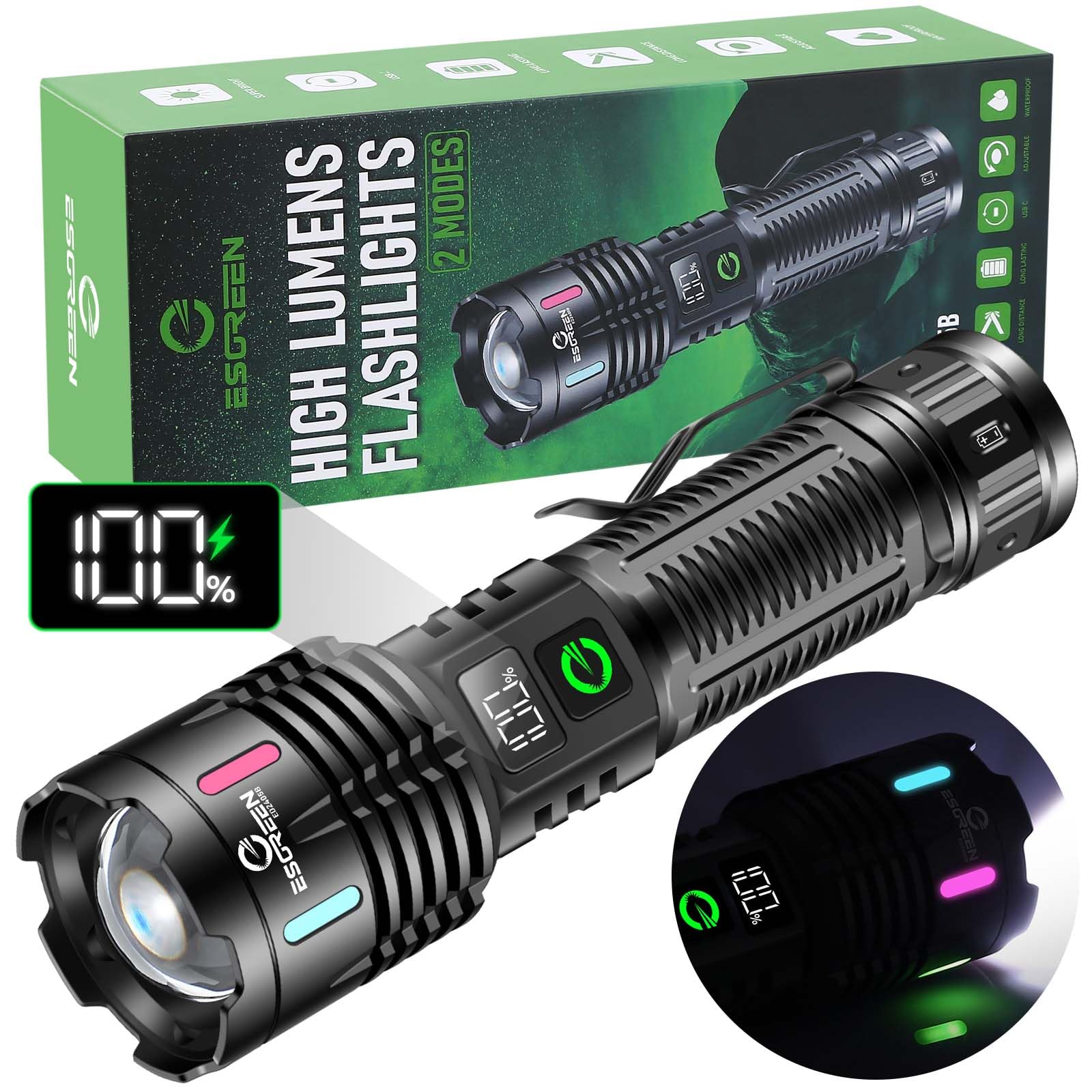 Esgreen Rechargeable Flashlights High Lumens 1000000 Single 2 Modes, Super Bright LED Flashlight USB C Long Distance 3280ft, Pow