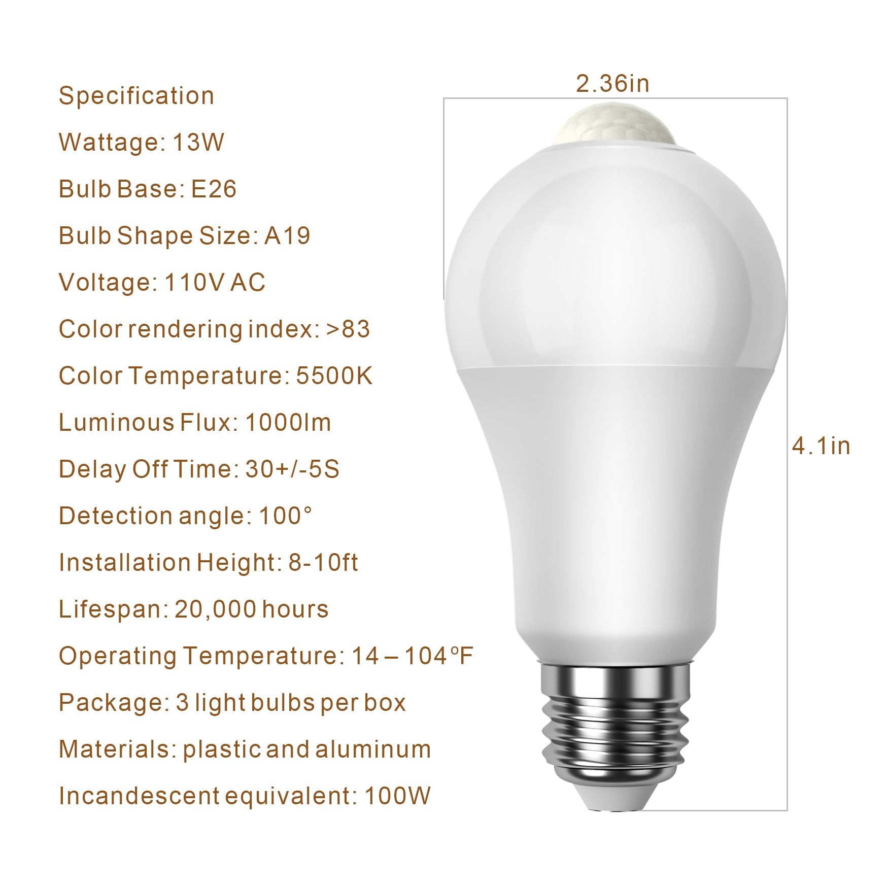 7117 Motion Sensor Light Bulbs  13W (100Watt Equivalent)  Motion Activated Dusk To Dawn Security Led Bulb  A19 E26 5500K Daylight  For Indoor And Outdoor Lighting  3Pack (5500K)