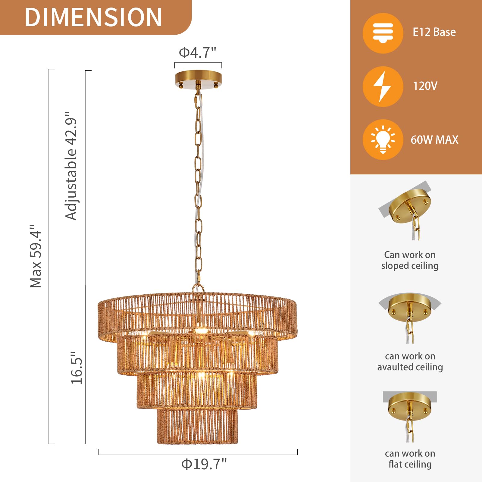 YOMECOO Boho Rattan Chandelier, 6-Lights Hand-Woven Bamboo Fixture, Vintage Gold, Model MD108-6-Golden-A, Perfect for Dining Room & Living Room
