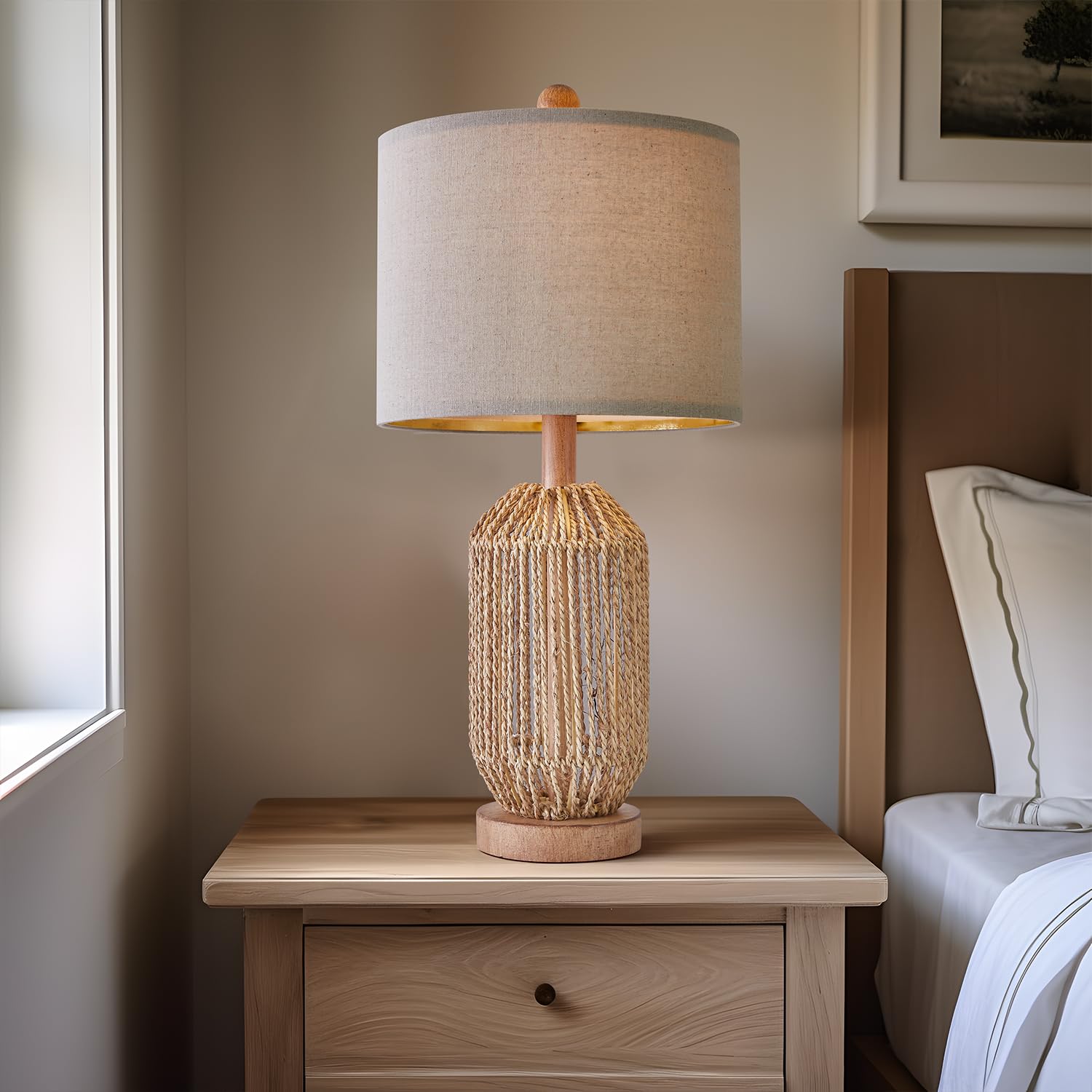 OYEARS Boho Table Lamps Set of 2, Rattan, Brown, Model AMZ-T1137BR, Ideal for Living Room and Bedroom Decor