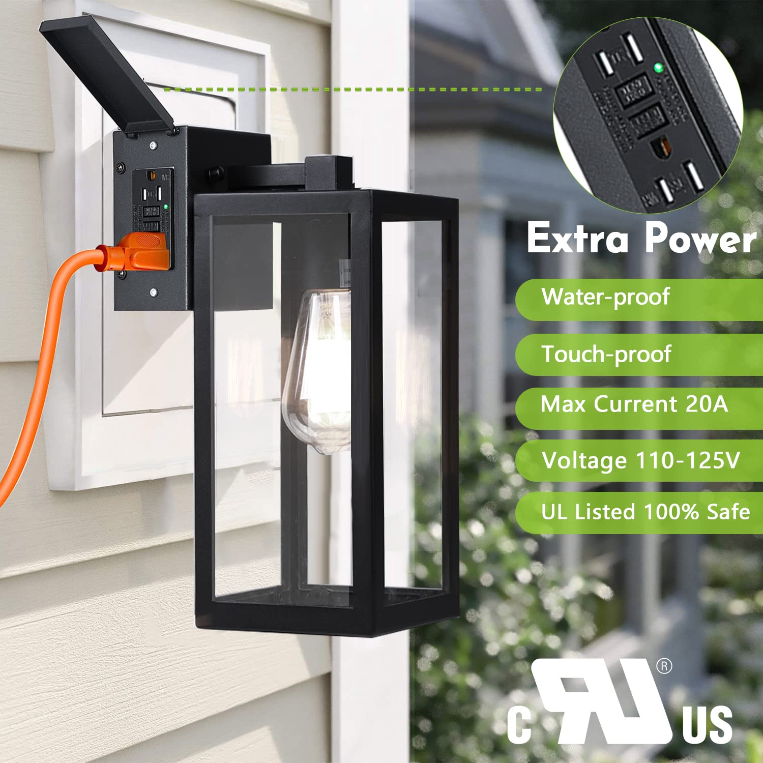 Outdoor Lights With Gfci Outlet, Wall Lantern Porch Light Fixtures Exterior Waterproof Wall Sconce, Clear Glass, Black Wall Ligh