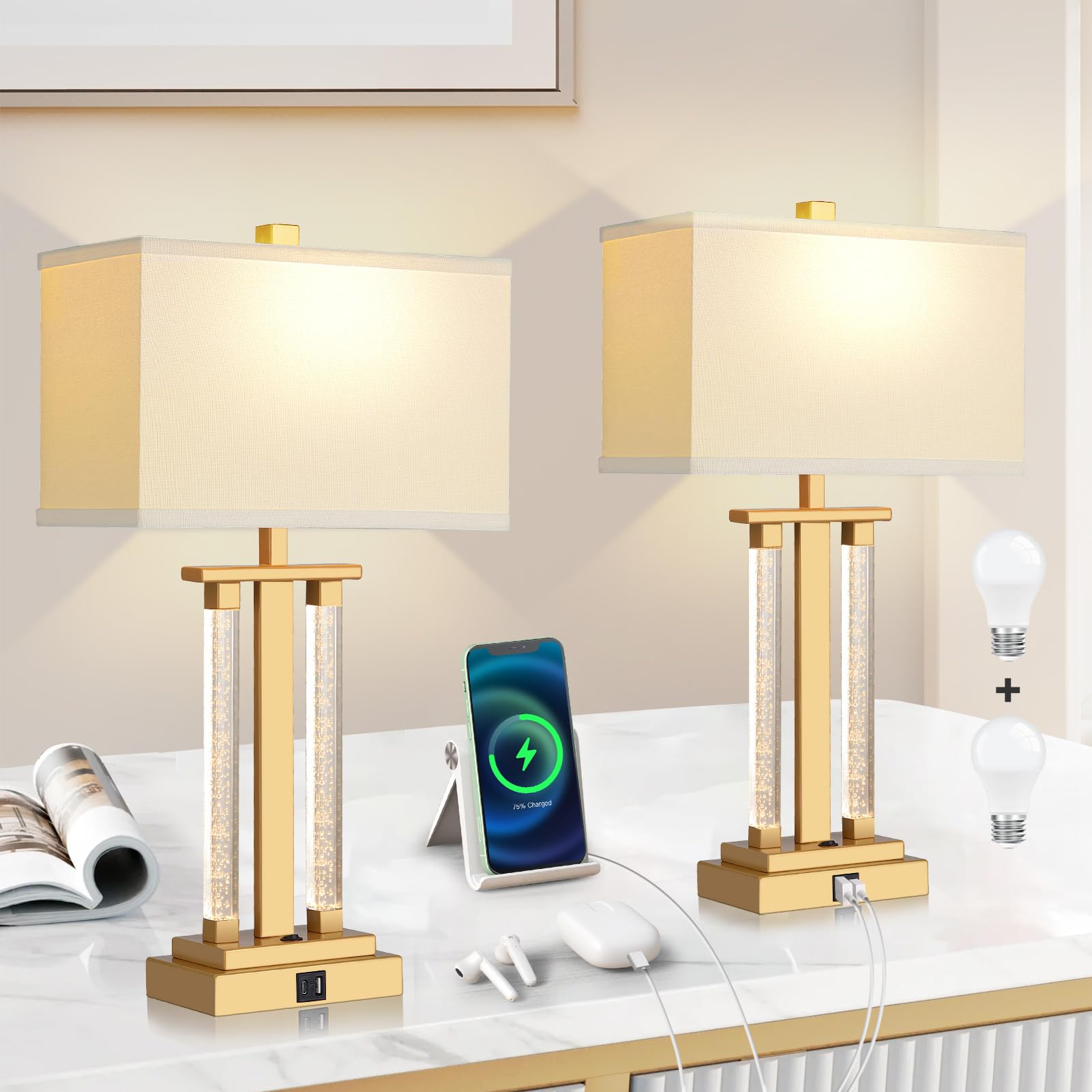Lovlast Gold Lamps Set of 2, 3-Way Lighting Modes Bedside Gold Lamps for Nightstand, Bedroom Table Lamps with USB Charging Port 
