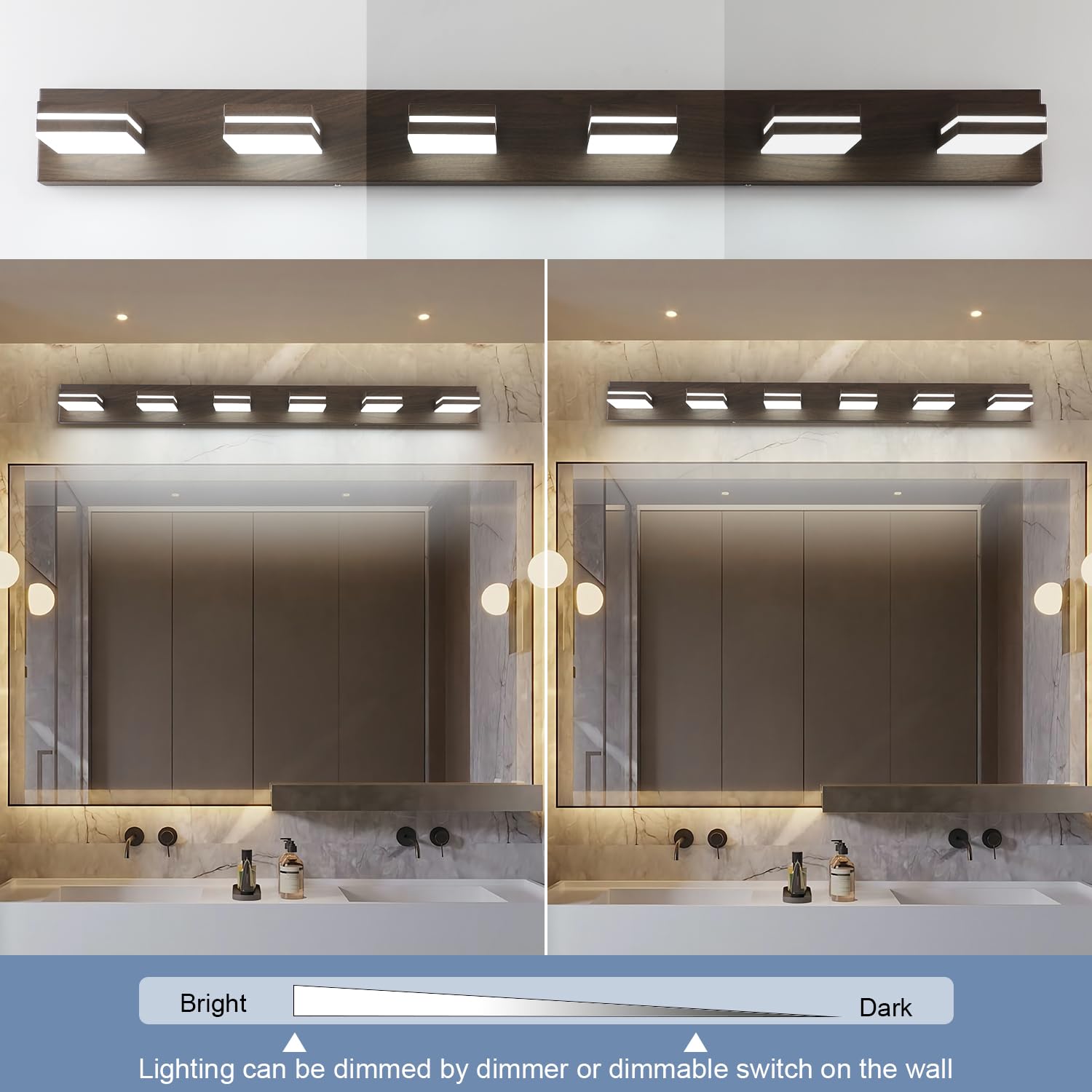SineRise LED Bathroom Vanity Light Fixture, 6-Light, 48-Inch, Dimmable, Brown Wood Acrylic, Model 695650d2-4277-488d-9602