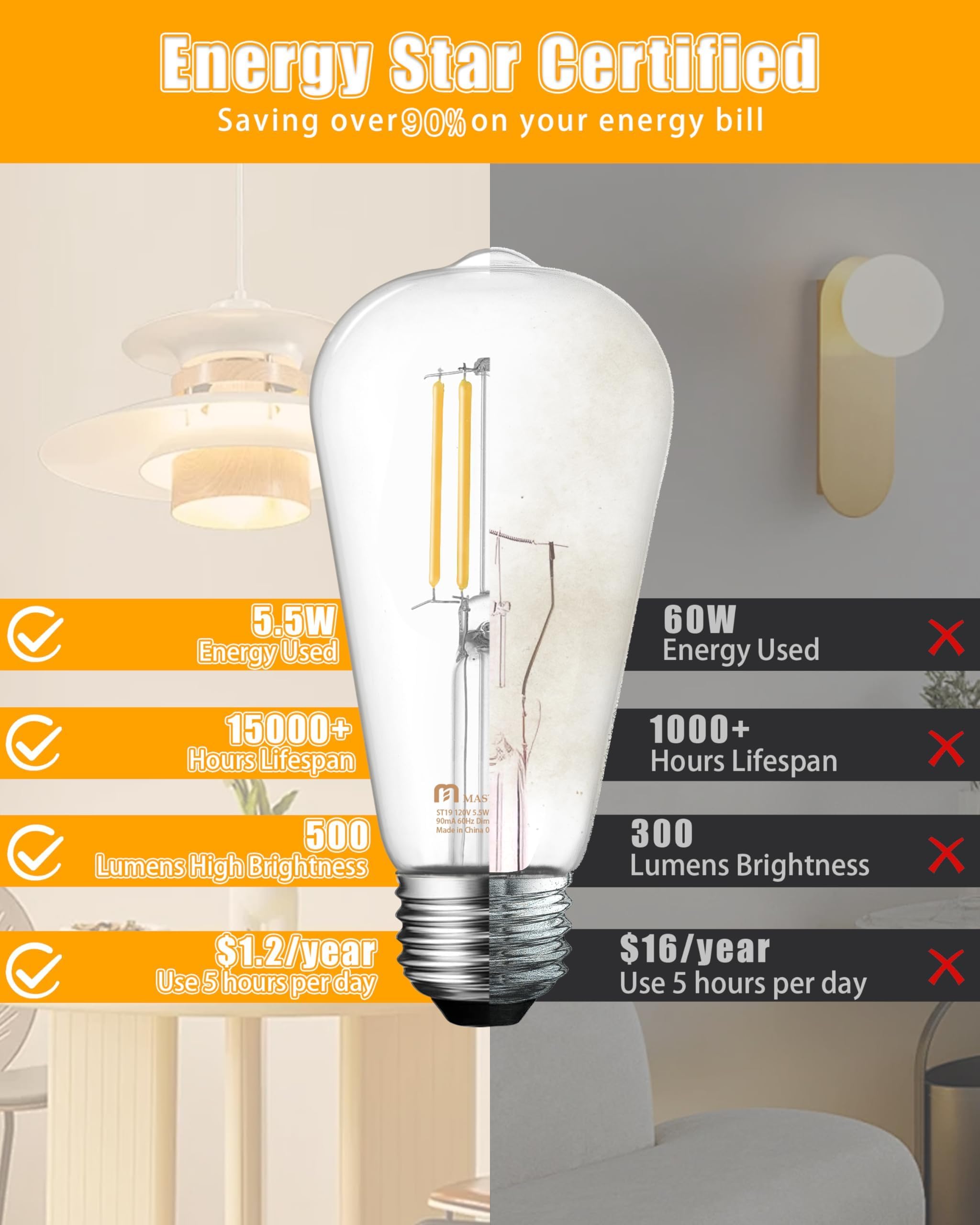 MASTERY MART Vintage Edison Bulbs, E26 LED Dimmable 5.5W, 16 Pack, 2700K Soft White, Clear Glass, Model MM-ST19