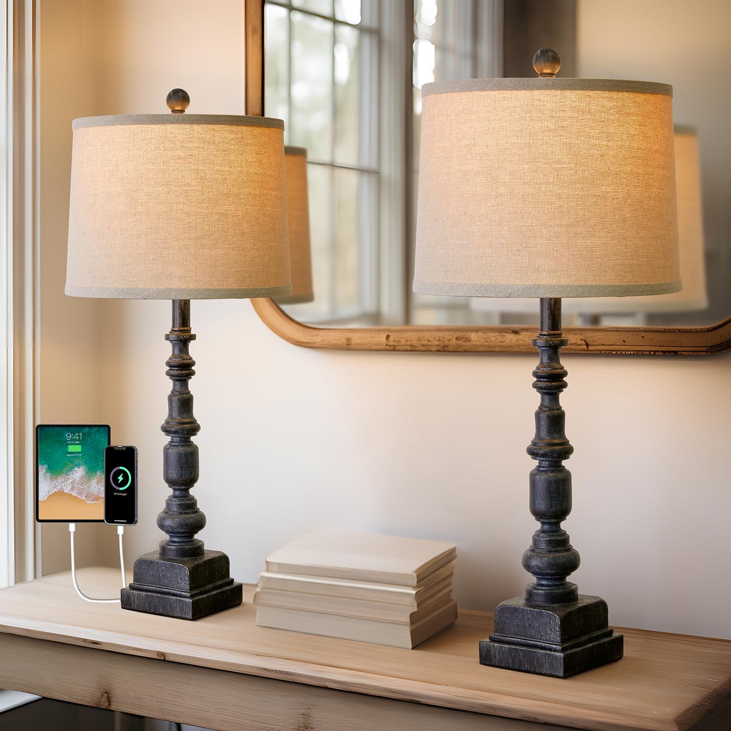 Oneach Vintage Farmhouse Usb Table Lamps Set Of 2, 27.75”, Antique Black Resin, Traditional Nightstand Lighting For Living Room & Bedroom