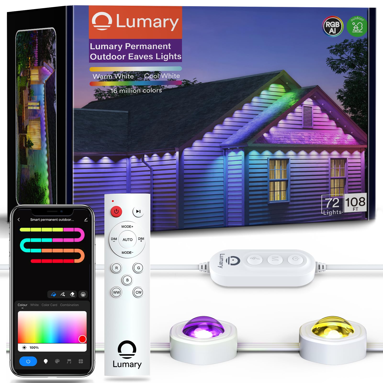 Lumary Permanent Outdoor Lights, 100ft with 72 LED Lights for Daily and Accent Lighting, Multiple Scene Modes Eaves Lights with 
