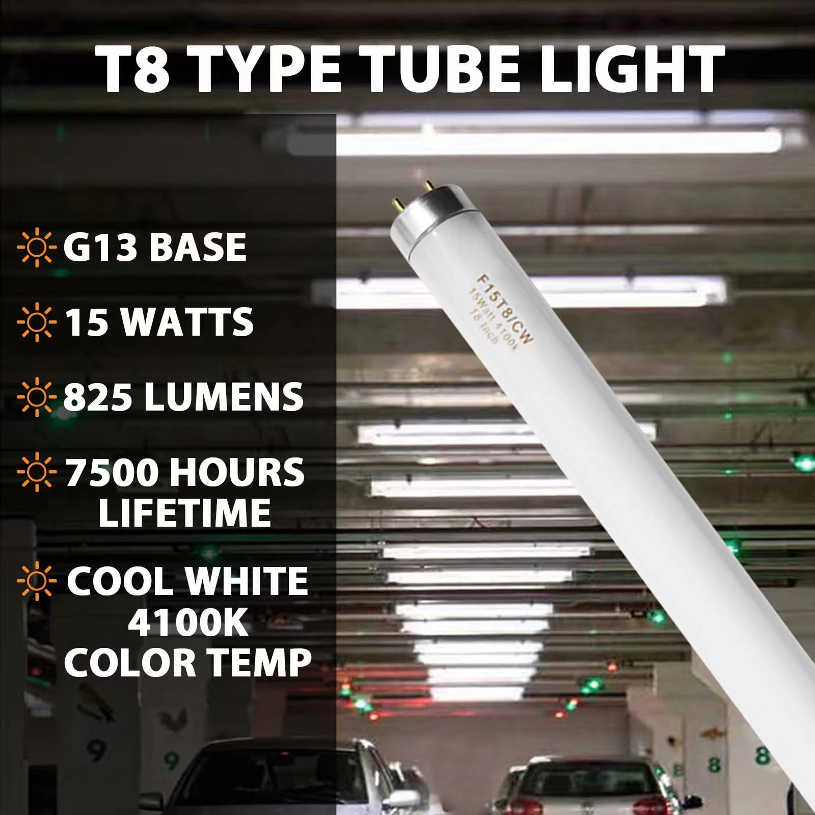 Konideke F15T8/CW Fluorescent Light Bulb, 15W, Glass, Cool White, G13 Base, 6 Pcs-Pack
