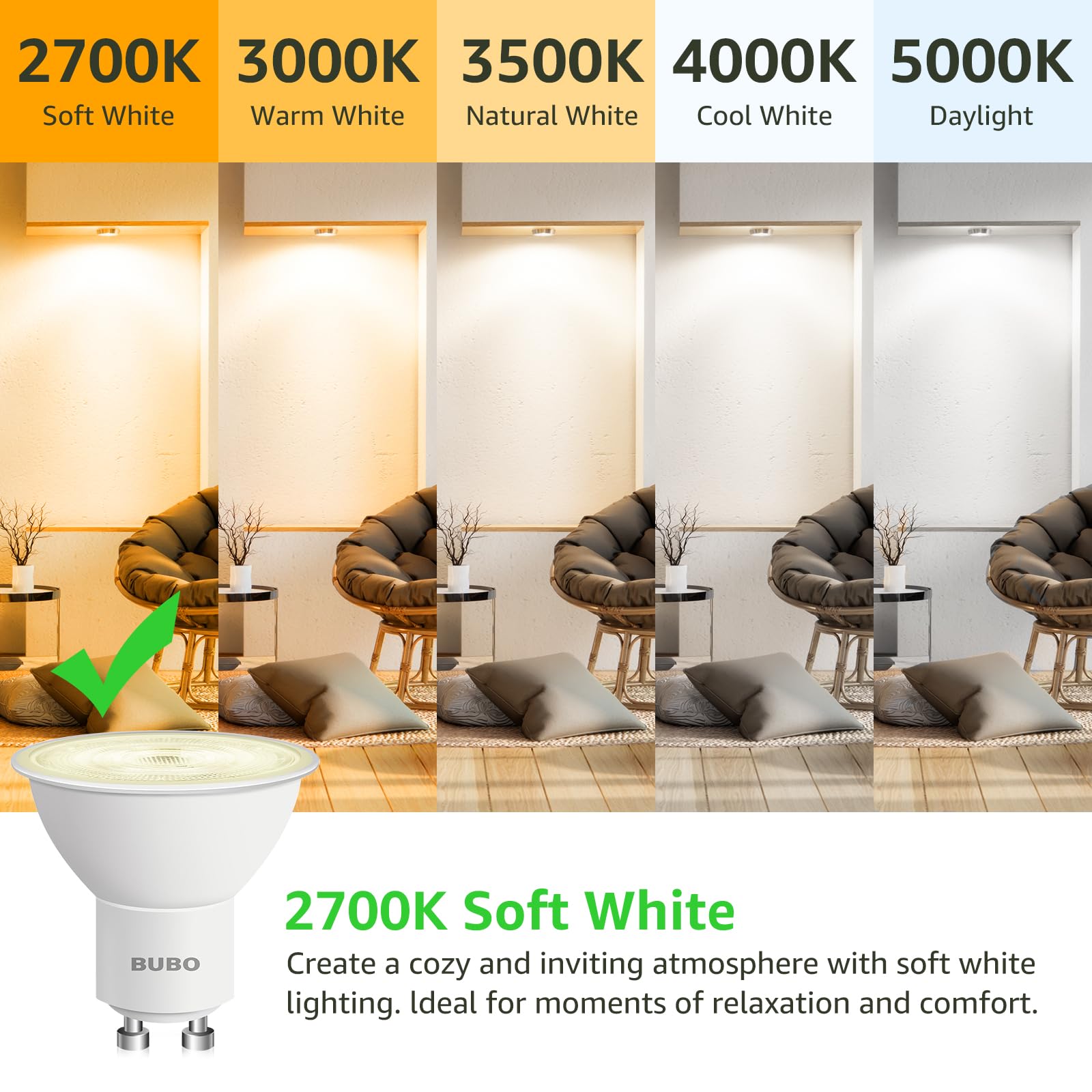 BUBO GU10 LED Bulb 6W Equivalent 50W, 2700K Soft White, Non-Dimmable, 10 Pack, MR16 Replacement