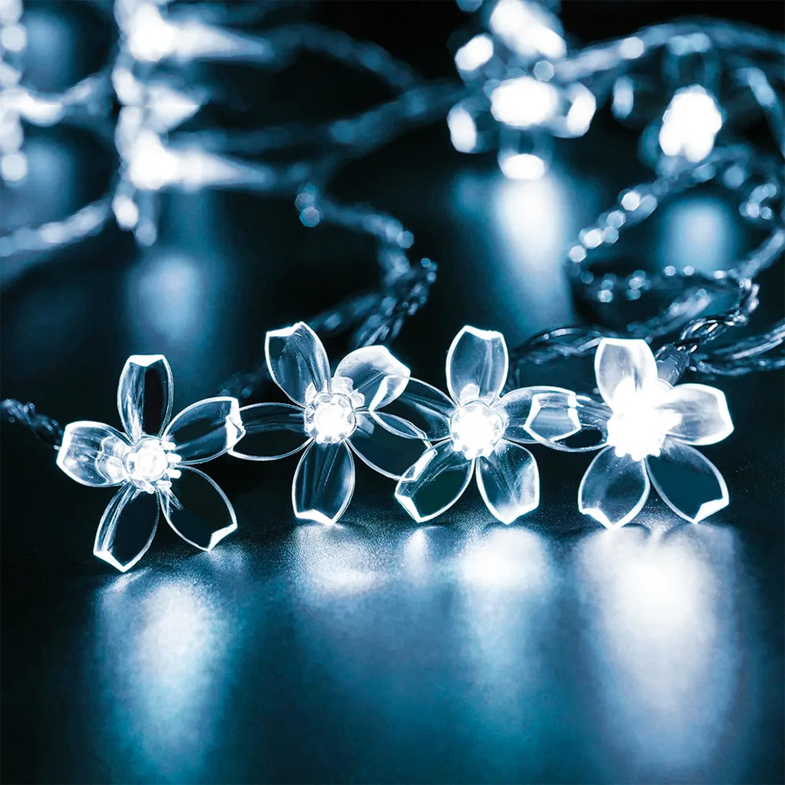 JACUXLSS Fairy Cool White Flower String Lights, 33ft 100 LED Plug in 8 Lighting Mode Cherry Blossom Indoor Wall Ceiling Window D