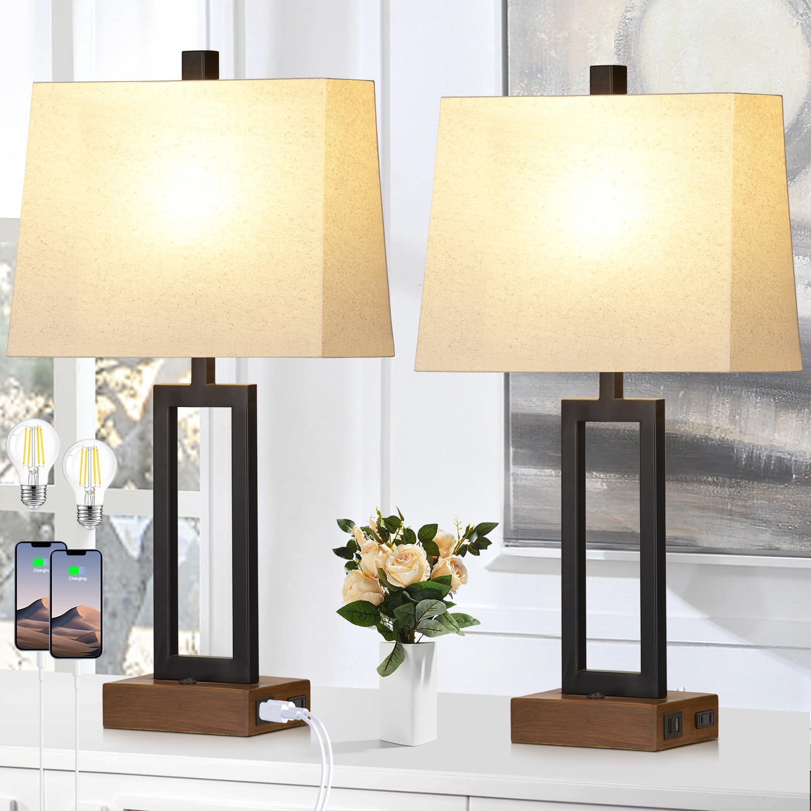 Table Lamps Set of 2 with 2 USB Ports and AC Power Outlet, Modern Bedside Lamp, Wood Nightstand Lamp with Linen Shade for Living