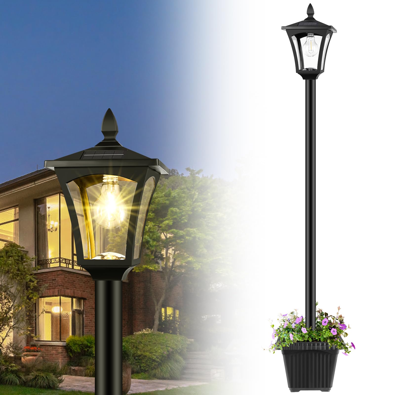 Derynome 72&quot; Solar Outdoor Light With Planter, Waterproof Black Solar Garden Lamp For Patio & Lawn