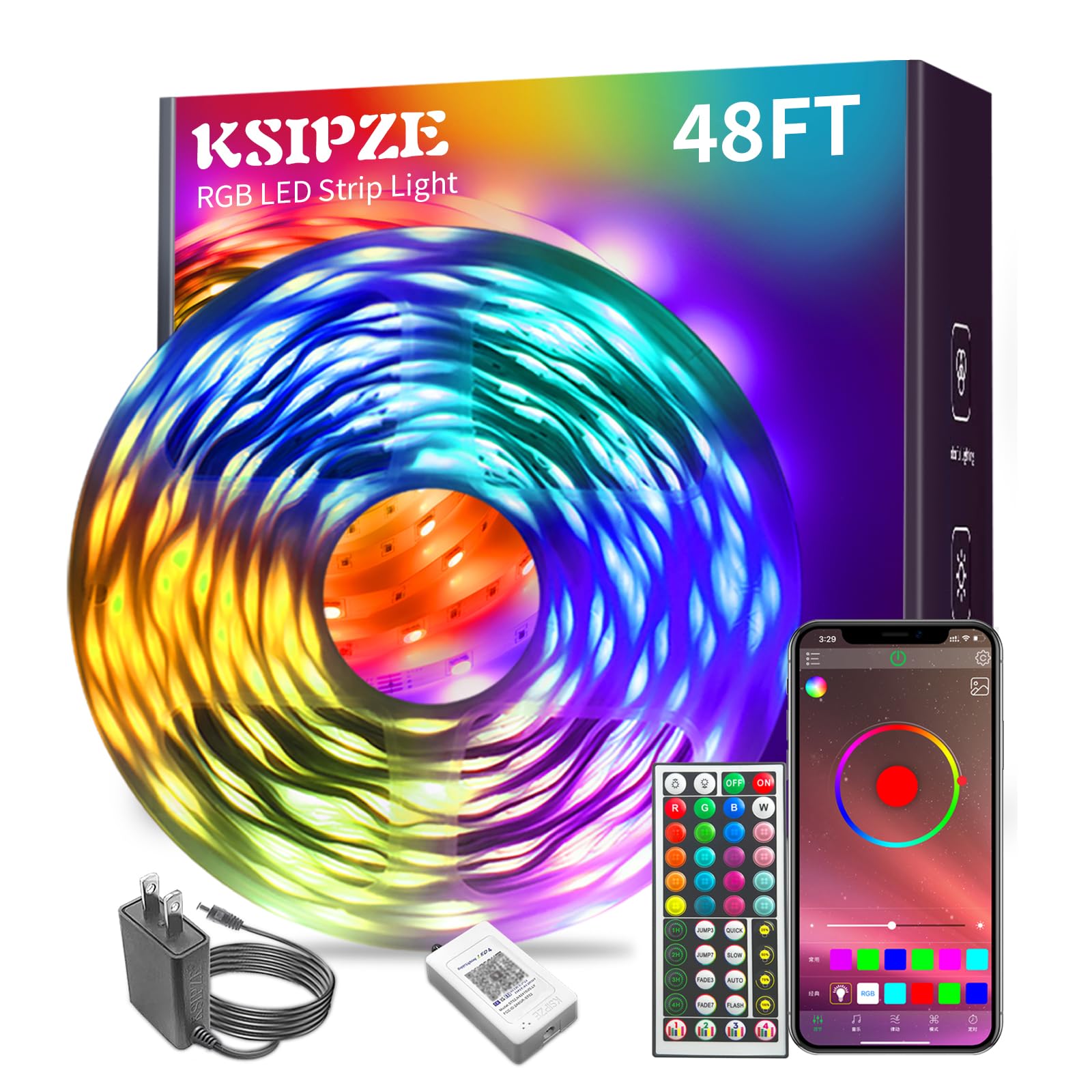 KSIPZE Led Lights for Bedroom 48ft Led Band Lights with Remote RGB Color Changing Music Sync Bluetooth Smart App Control for Room Bedroom Lighting Flexible Home D?cor
