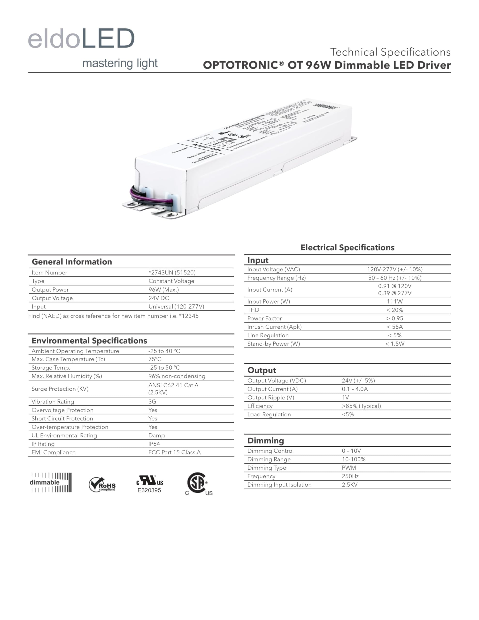 Osram 51520 Optotronic 96W 24V Dc 120/277V Ac 50/60Hz Constant Voltage Dimmable Led Driver Ot 96W/24V/Unv/Dim