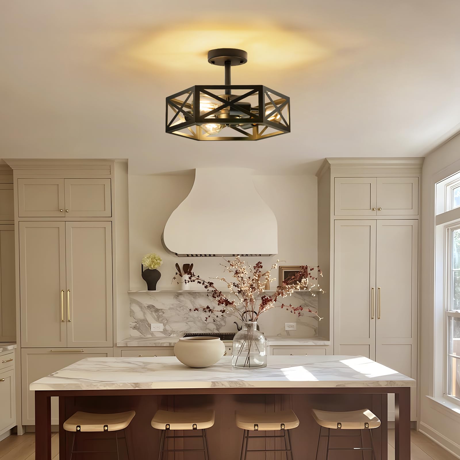 Oteedo Modern Semi Flush Mount Ceiling Light 3-Light Hexagon Flush Mount Ceiling Lights For Dining Room Light Fixture Farmhouse Black Metal Kitchen Island Lighting Fixtures For Hallway Bathroom