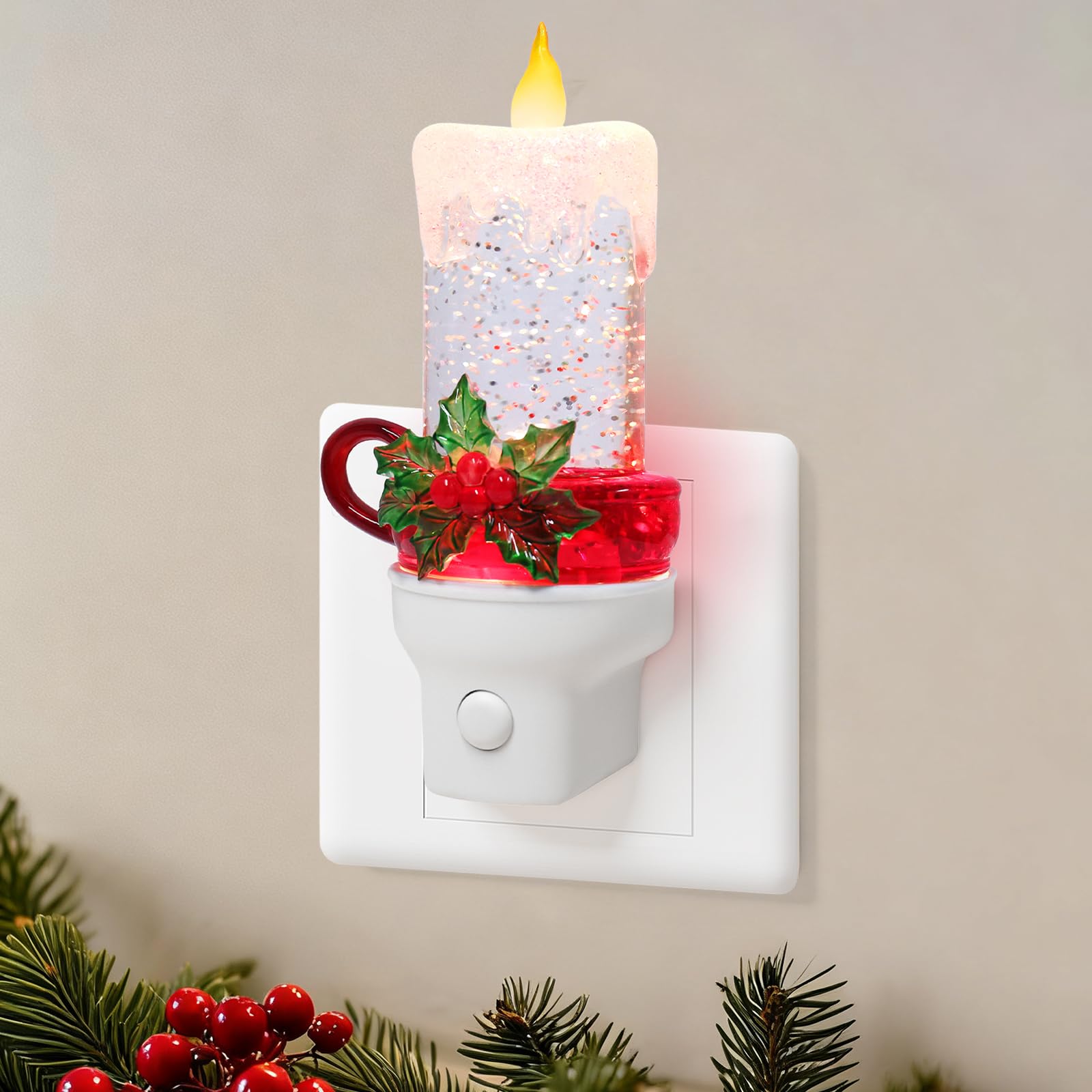Christmas Candle Night Light Plug into Wall Glitter Water Nightlight with USB/Outlet Options  Christmas Decorative Nightlight for Bedroom Kitchen Nursery Hallway Holiday Decorations Gifts (Candle)