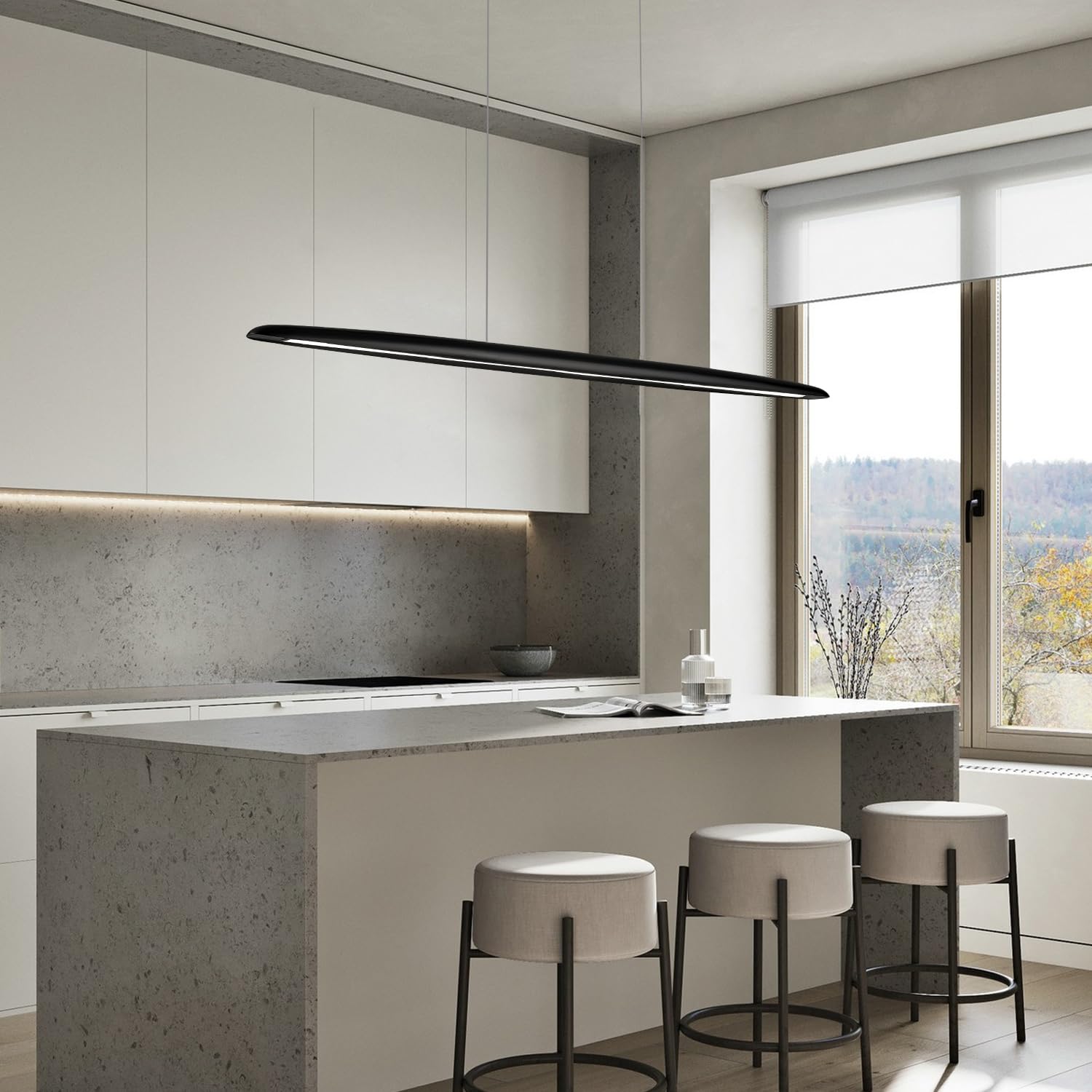 Yisdesign 39'' Wood Led Linear Pendant Light Black Linear Pendant Dinning Room Hanging Lights Led Dimmable Chandeliers 24W For D