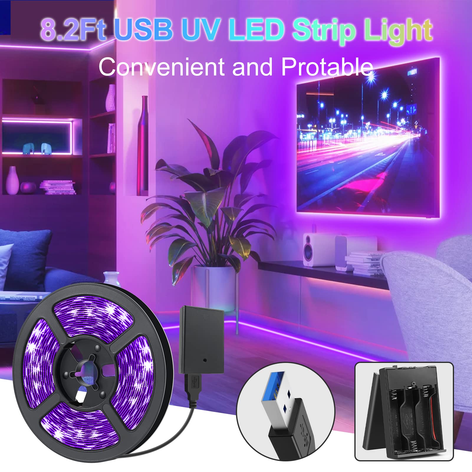 YGS-Tech UV Black Light LED Strip - 16.4FT, 3528, USB, Non-Waterproof, 2 Pack, Black Lights Strip
