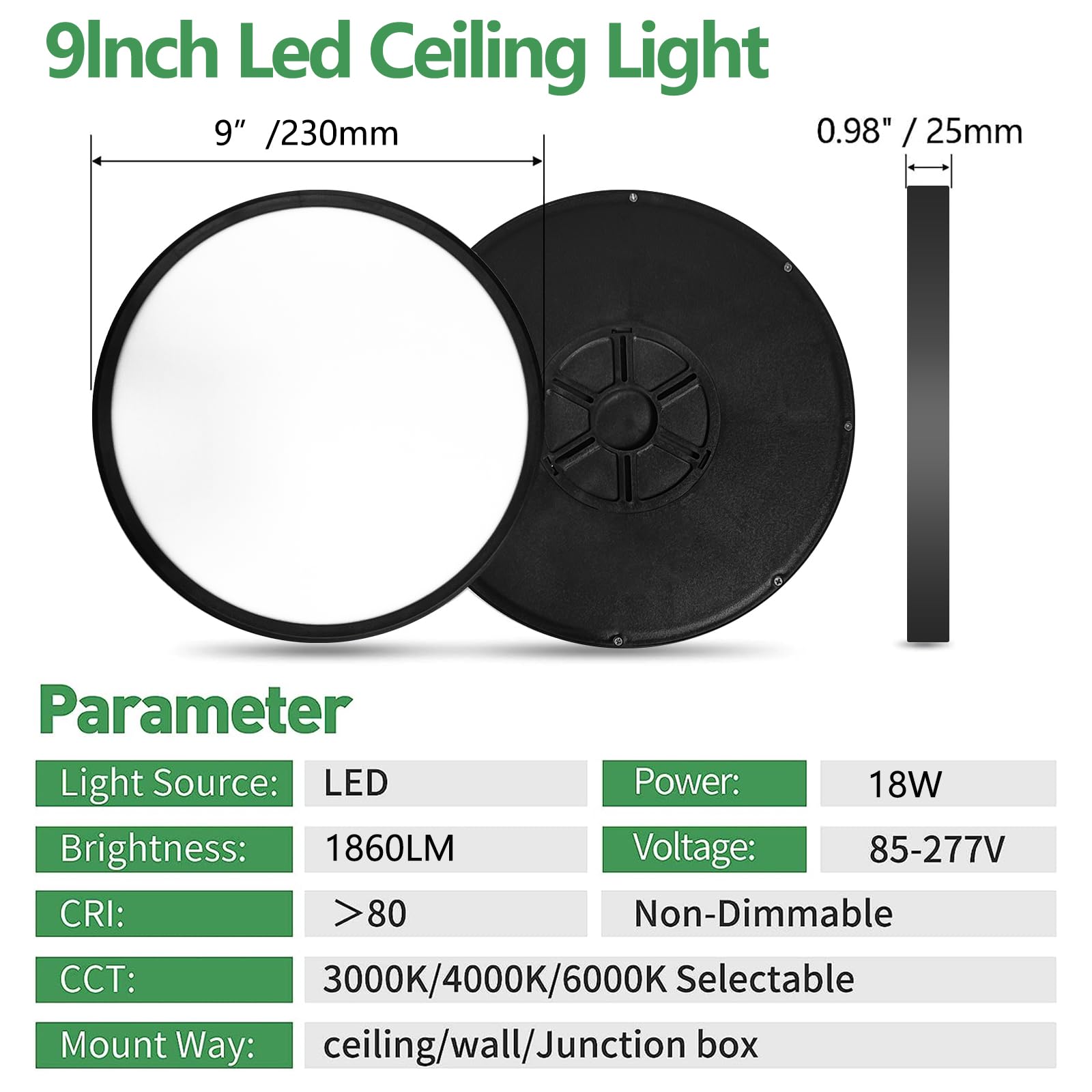 4Pk 9 Inch Led Flush Mount Ceiling Light, 18W, 1860Lm, 3000K/4000K/6000K Cct Selectable, Round Flat Panel Light Low Profile Ceiling Light Fixtures For Hallway, Kitchen, Bedroom, Laundry Room