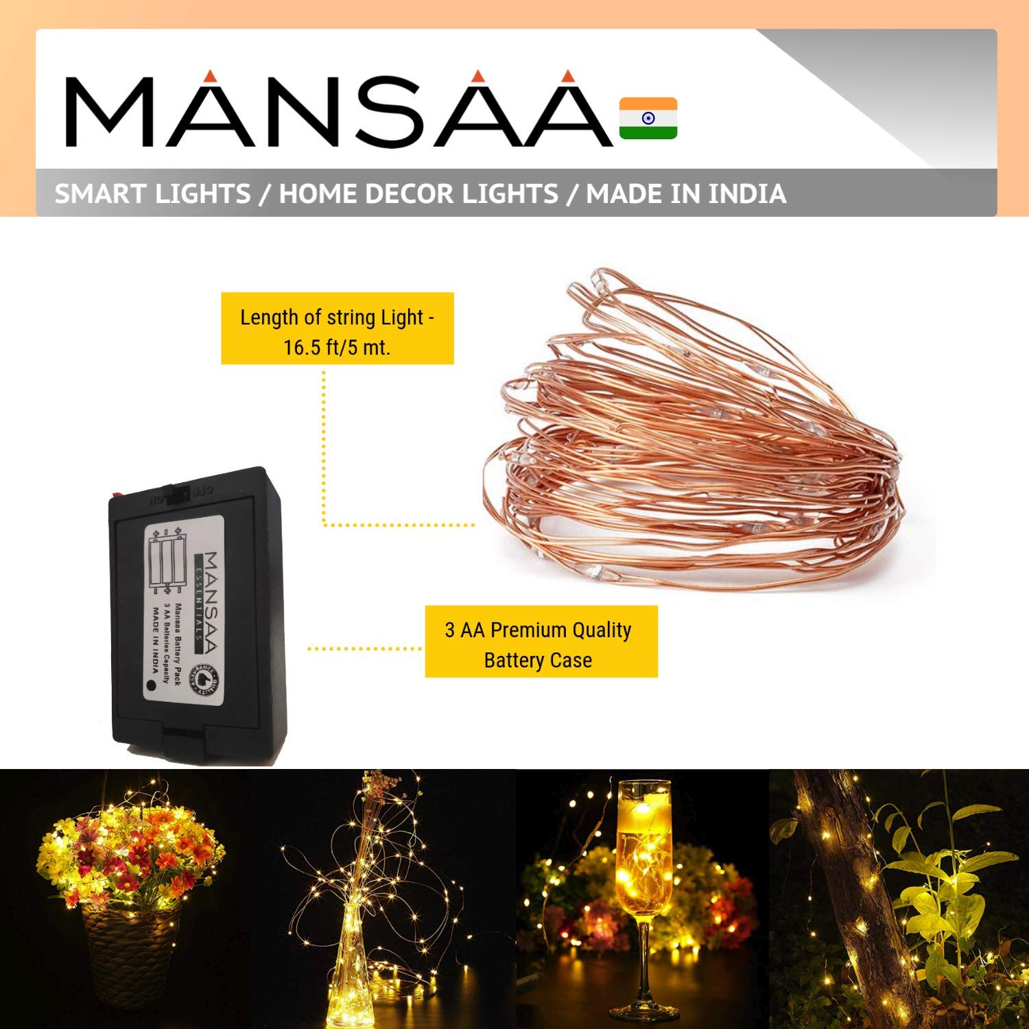 MANSAA M25 Battery Operated LED String Light | 5 Meter 50 LEDs | Yellow Color | Battery Led Lights | Home Decor | Pack of 2