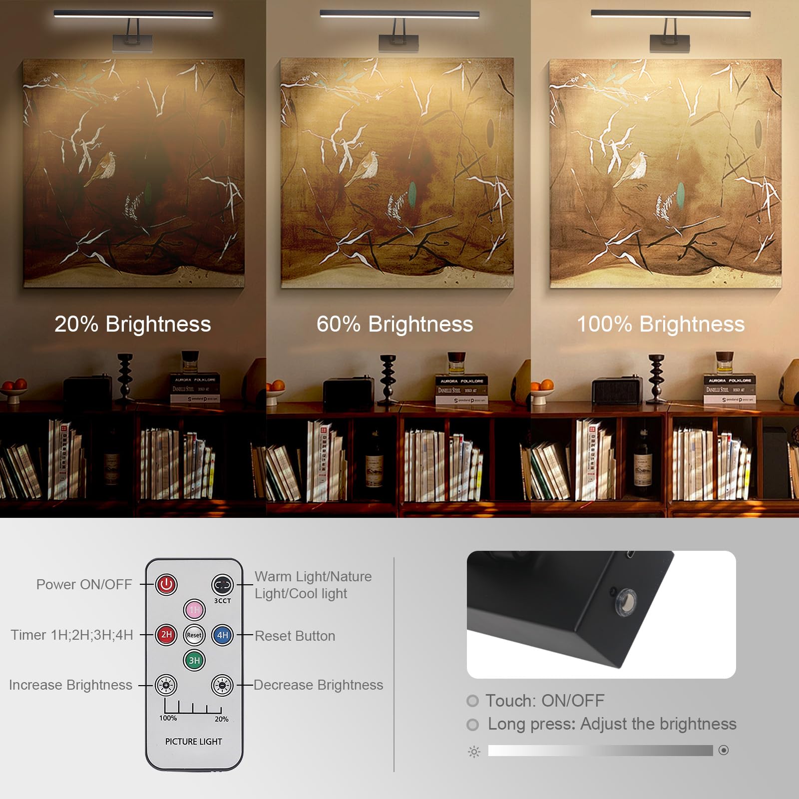 Howmzon Picture Light, 13.5&quot; Art Light, Black Picture Light Battery Operated,3Cct,Wireless Picture Lights With Remote, Light Over Picture Frame For Wall Painting(Black)