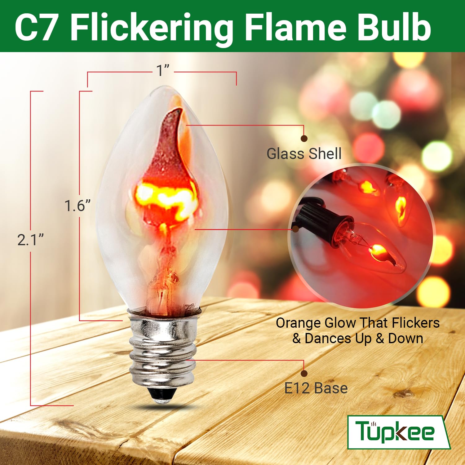Tupkee C7 Flickering Flame Bulb, 1W Orange Glow, E12 Base Replacement, 2-Pack for Halloween & Christmas Candolier Window Candle