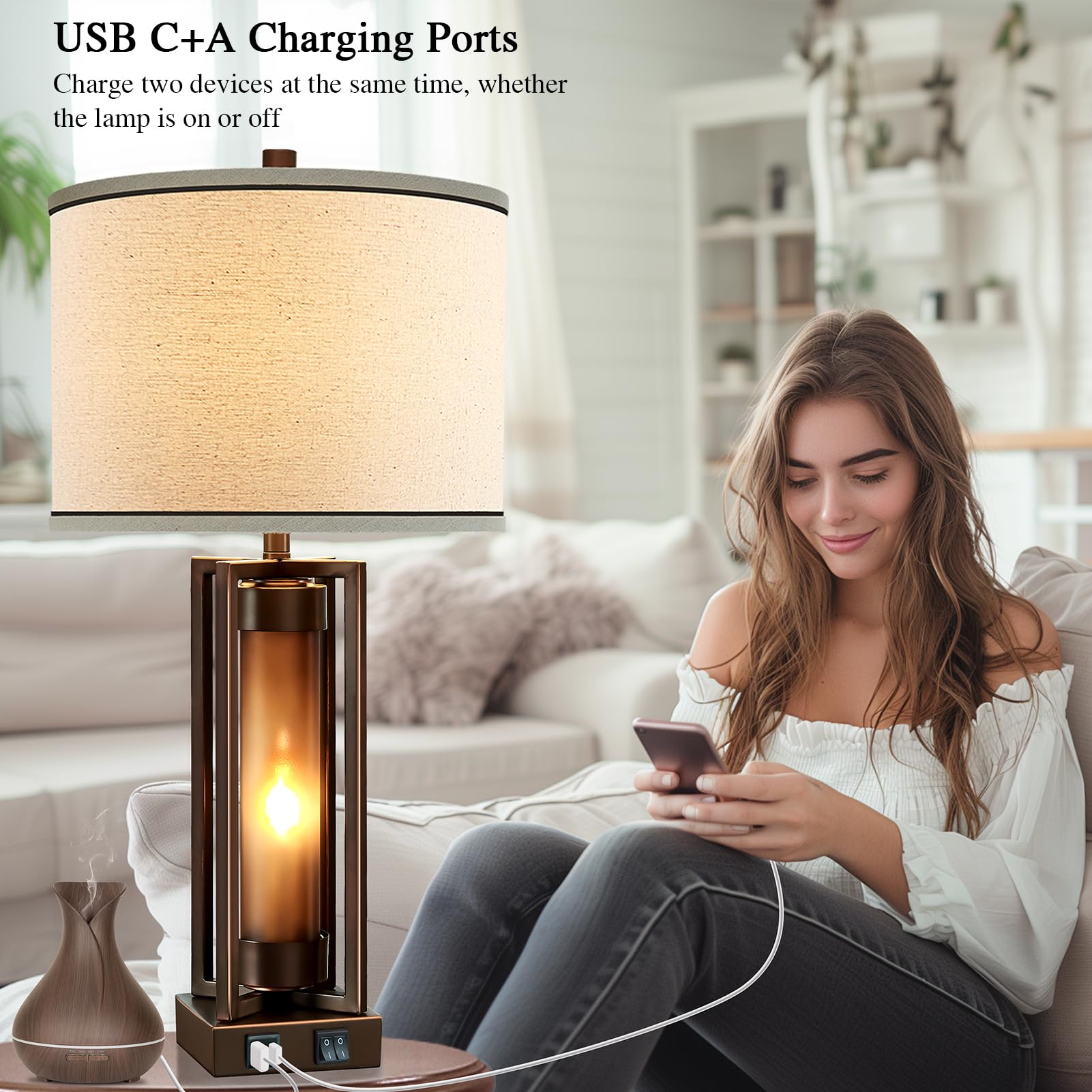 RORIANO Rustic Table Lamp with USB Ports, Metal Amber Light, Vintage Design, Brown, Model LM8930, 2 Bulbs Included