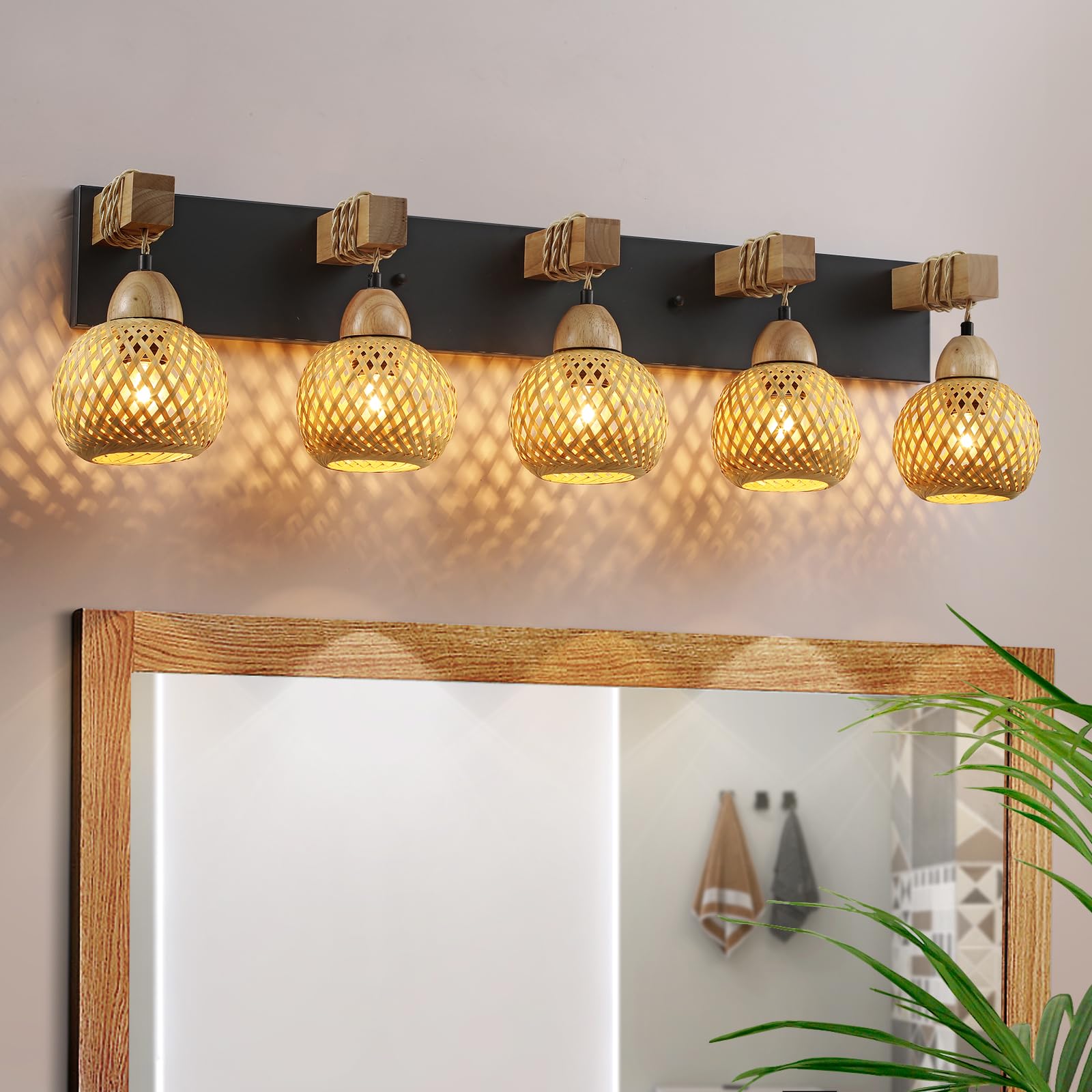 5-Light Bathroom Vanity Light Fixtures, Rustic Style Farmhouse Wood Bathroom Wall Sconce, Handmade Bamboo Woven Boho Wicker Bask