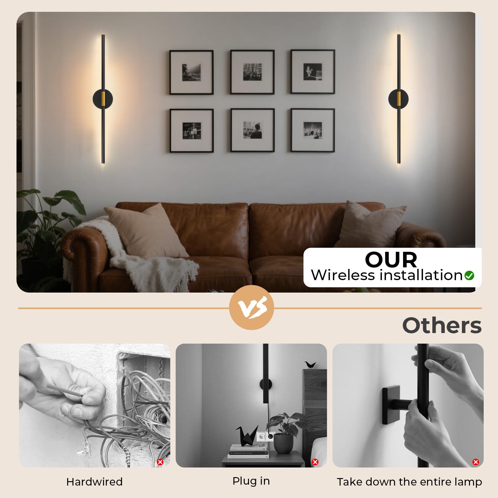 GvvooHome 28" Wireless Wall Sconce, 360° Rotation, Rechargeable LED, 3000K-6500K, Black Gold, Model HCP042