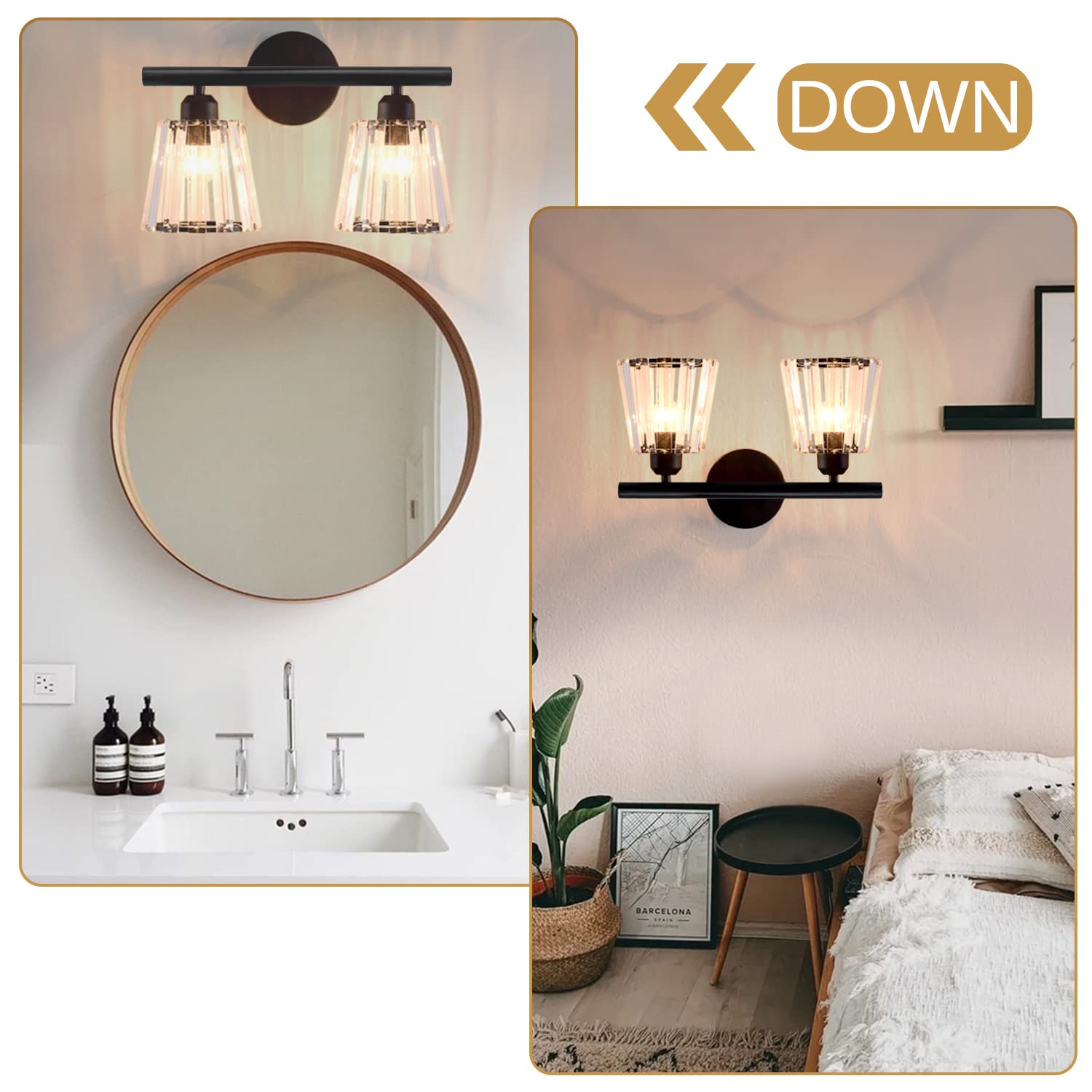 Tislyco 2 Lights Bathroom Sconces, Modern Crystal Vanity Light Fixtures Over Mirror, Black Wall Sconce For Hallway Entryway Rest